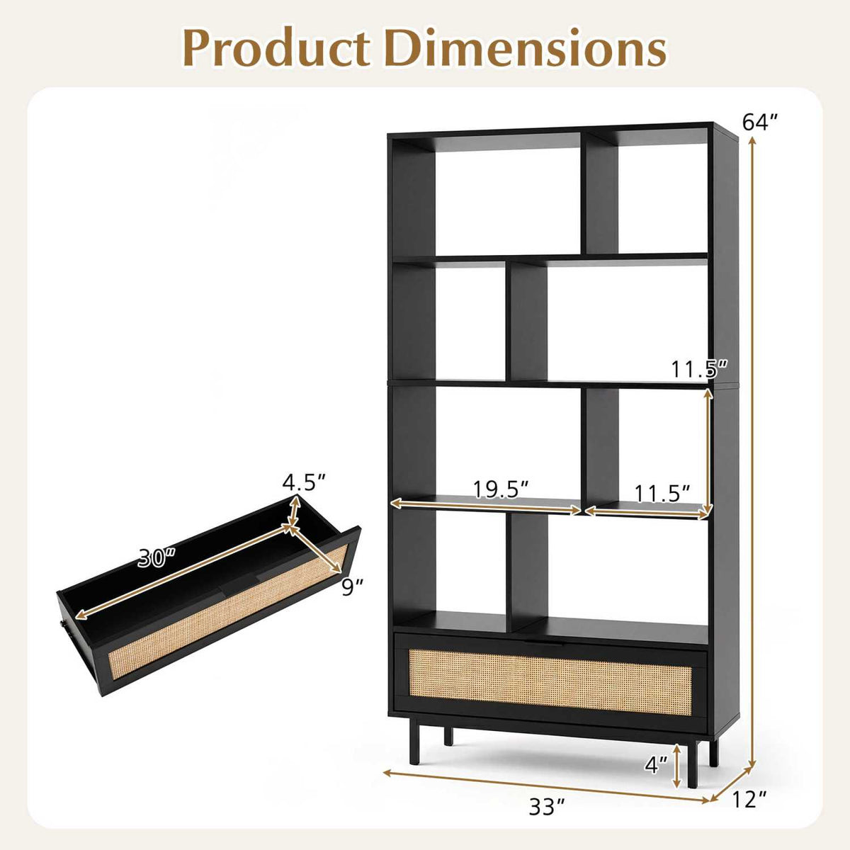 64-Inch Tall Wooden Bookcase with 8 Cubes and Drawer