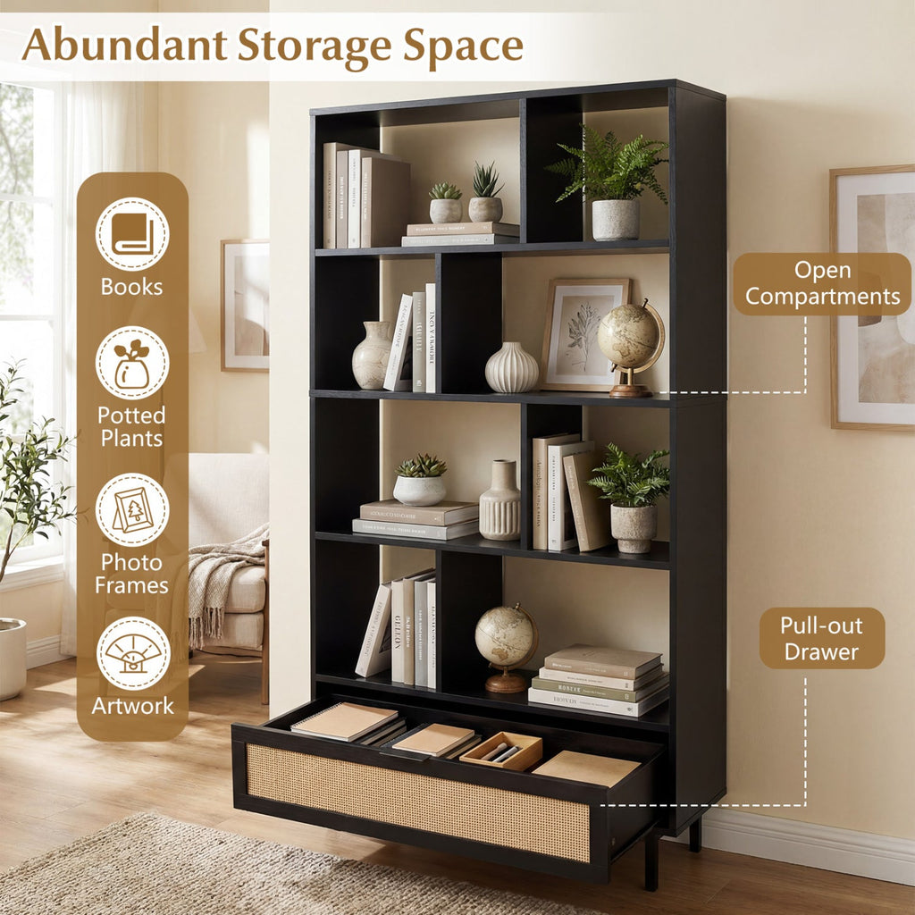 64-Inch Tall Wooden Bookcase with 8 Cubes and Drawer