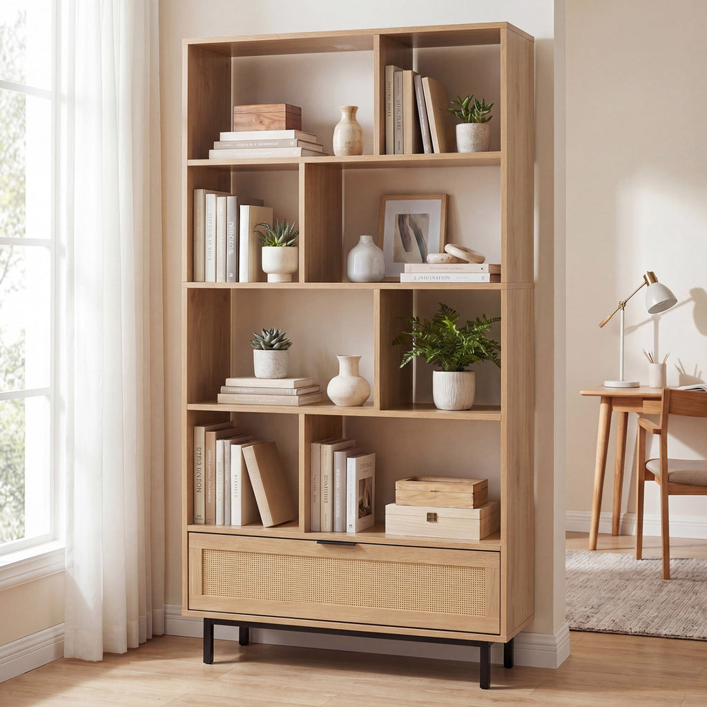 64-Inch Tall Wooden Bookcase with 8 Cubes and Drawer
