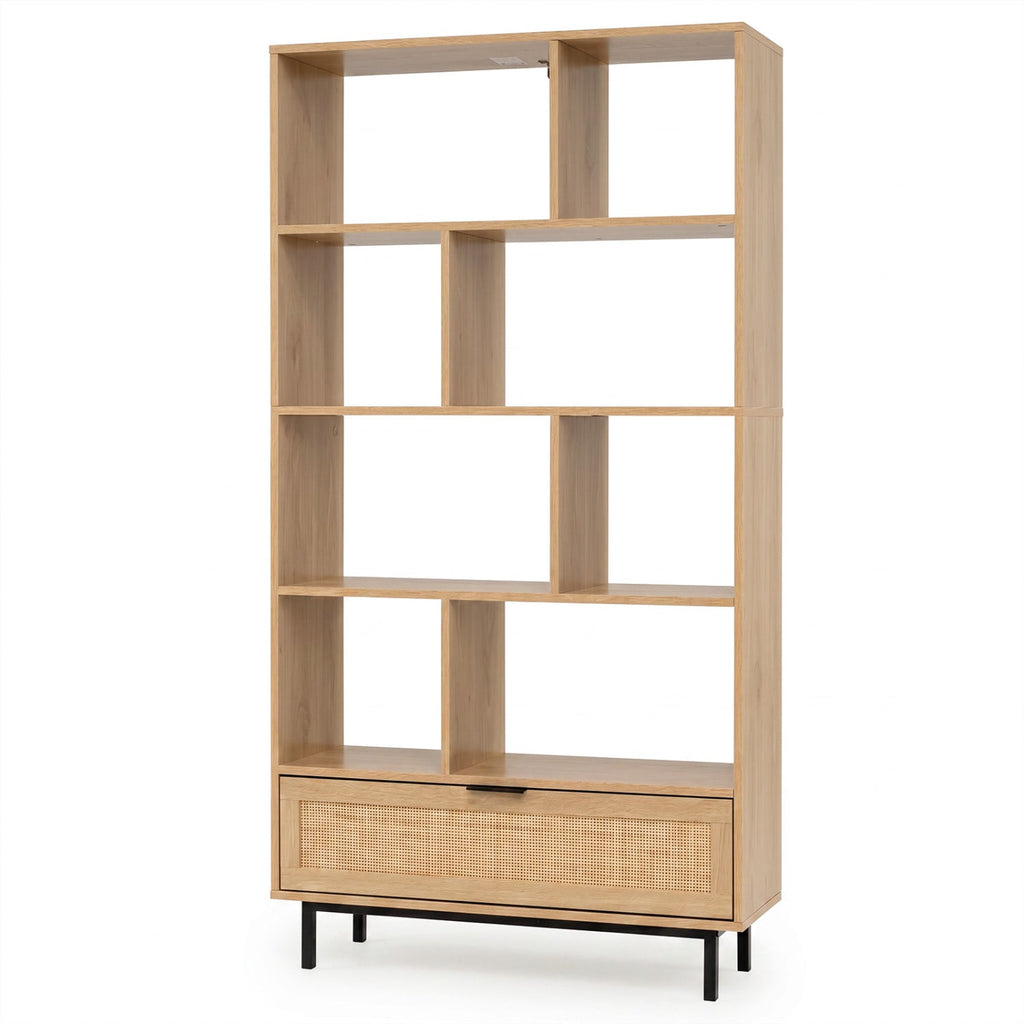 64-Inch Tall Wooden Bookcase with 8 Cubes and Drawer