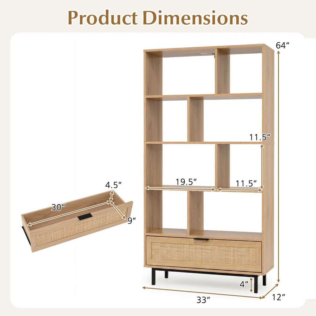64-Inch Tall Wooden Bookcase with 8 Cubes and Drawer