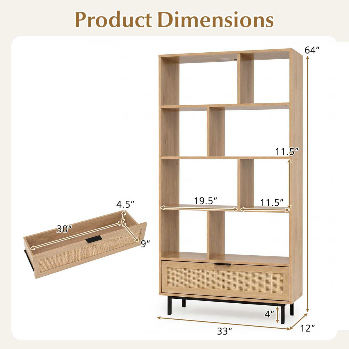 64-Inch Tall Wooden Bookcase with 8 Cubes and Drawer
