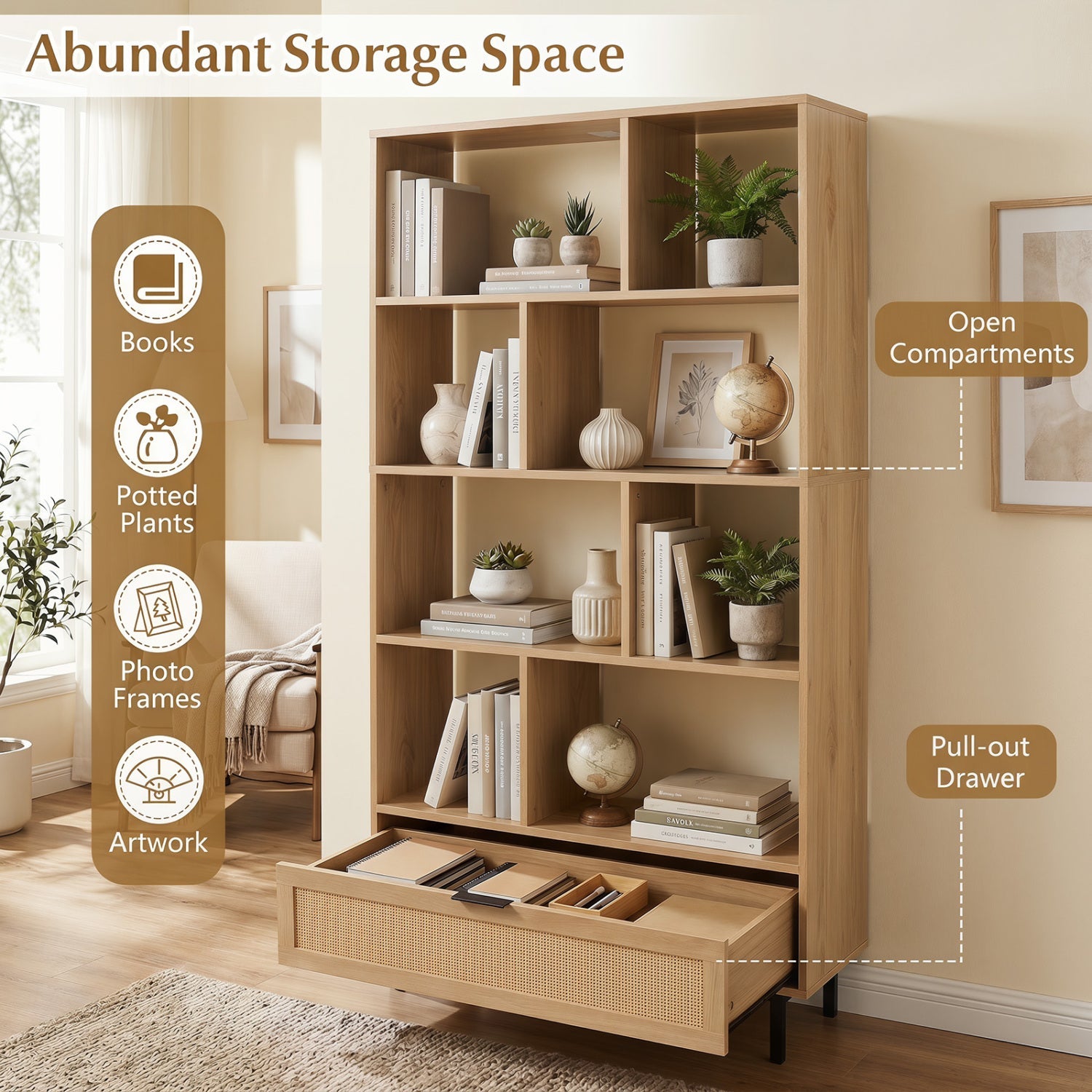 64-Inch Tall Wooden Bookcase with 8 Cubes and Drawer