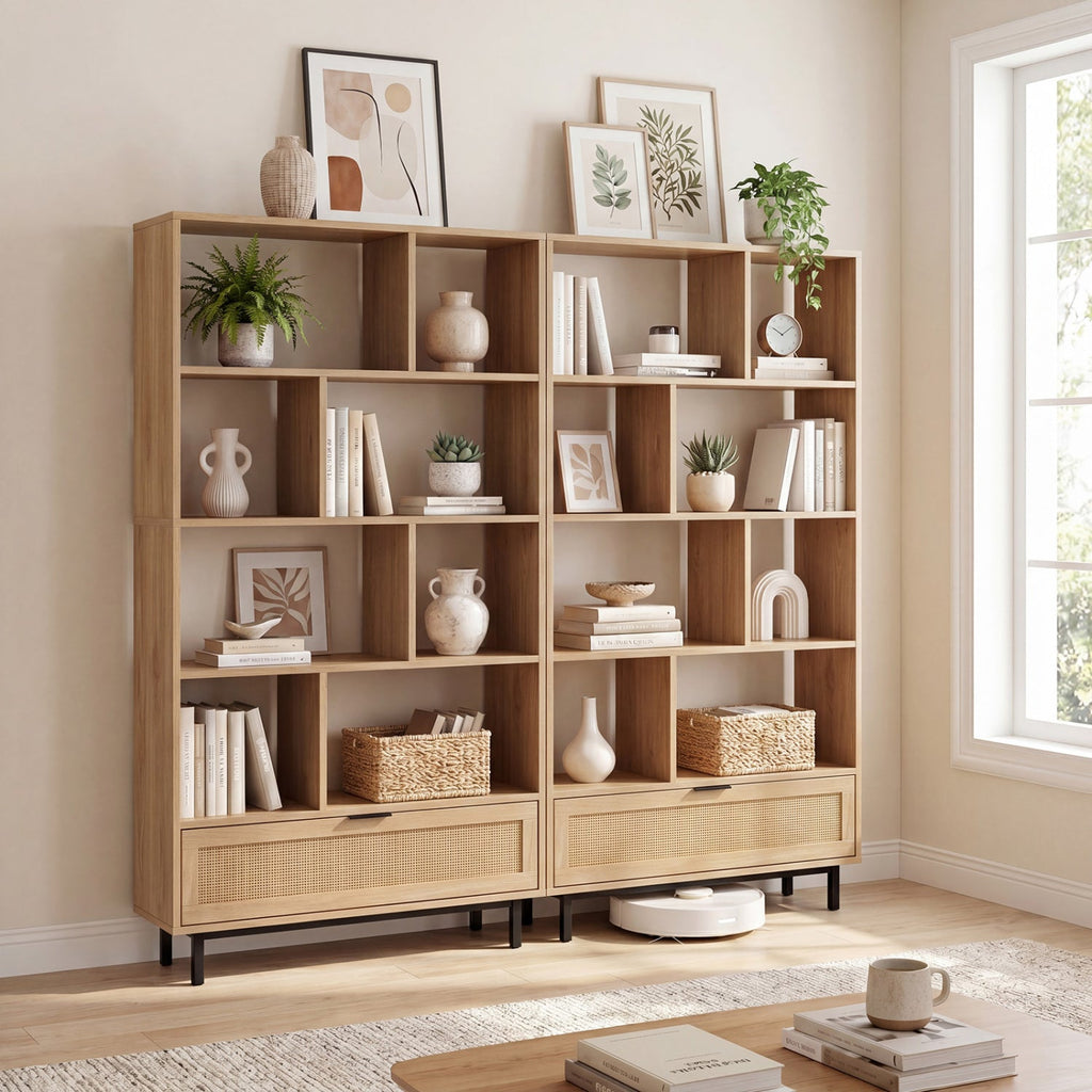 64-Inch Tall Wooden Bookcase with 8 Cubes and Drawer