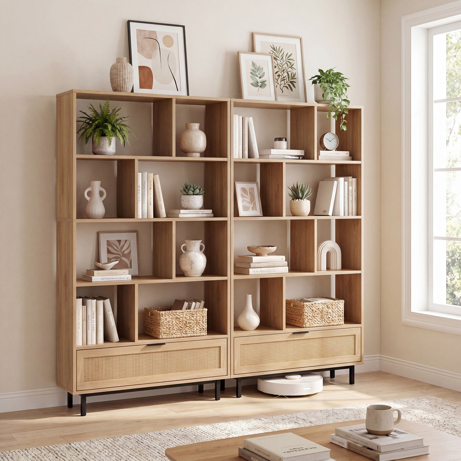 64-Inch Tall Wooden Bookcase with 8 Cubes and Drawer