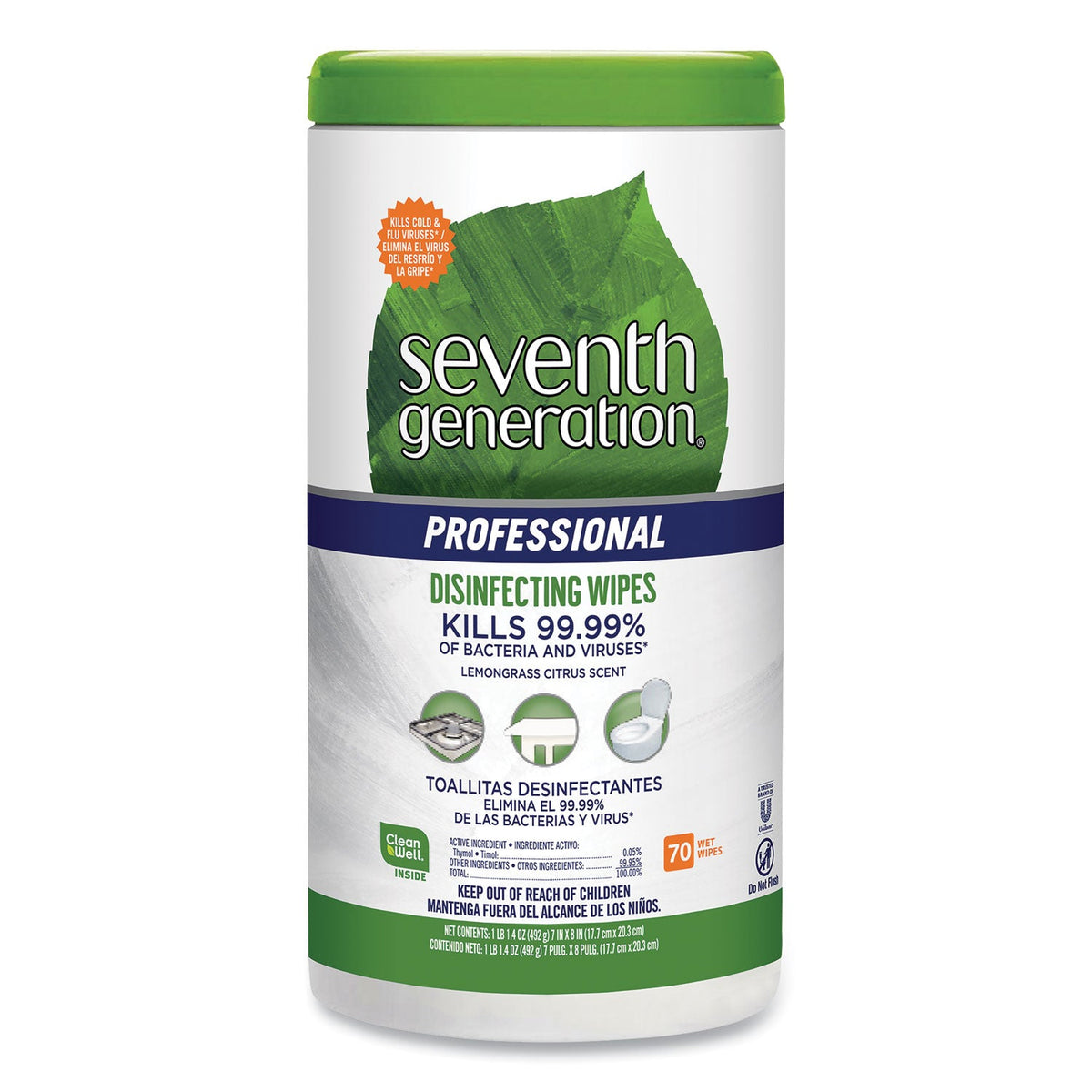 Seventh Generation Disinfecting Multi-Surface Wipes, 8 x 7, Lemongrass Citrus, 70/Canister