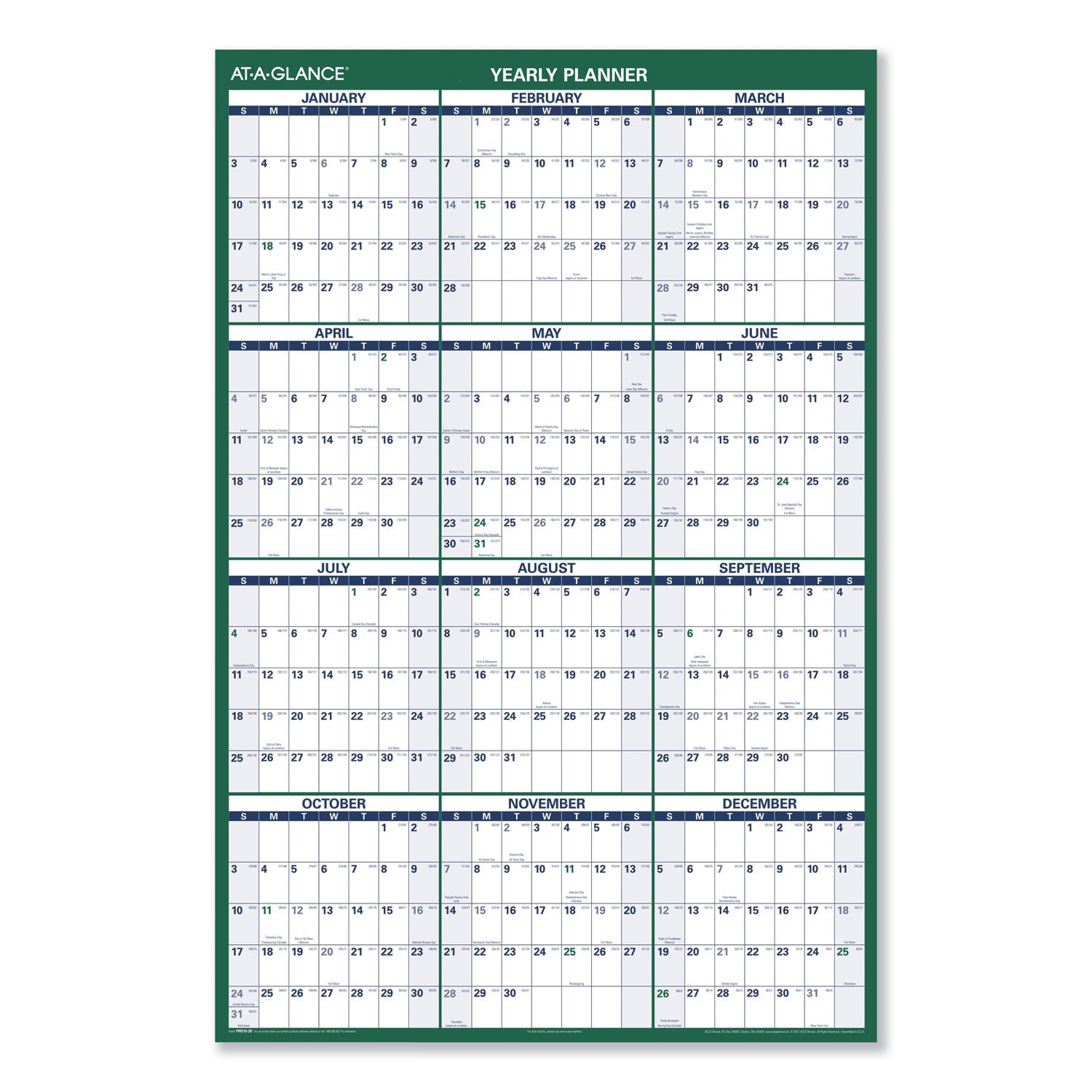 AT-A-GLANCE Vertical Erasable Wall Planner, 32 x 48, White/Green Sheets, 12-Month (Jan to Dec): 2023