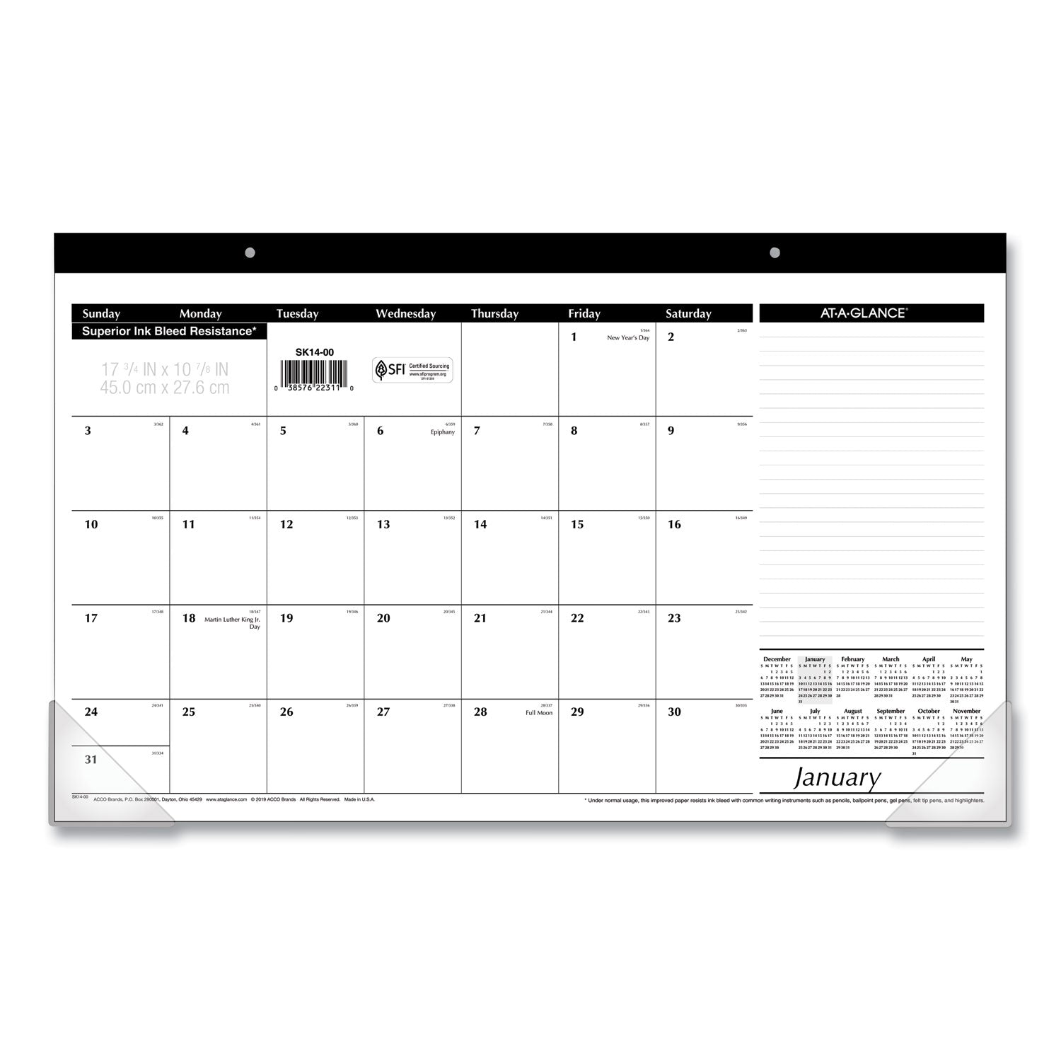 AT-A-GLANCE Compact Desk Pad, 18 x 11, White Sheets, Black Binding, Clear Corners, 12-Month (Jan to Dec): 2023