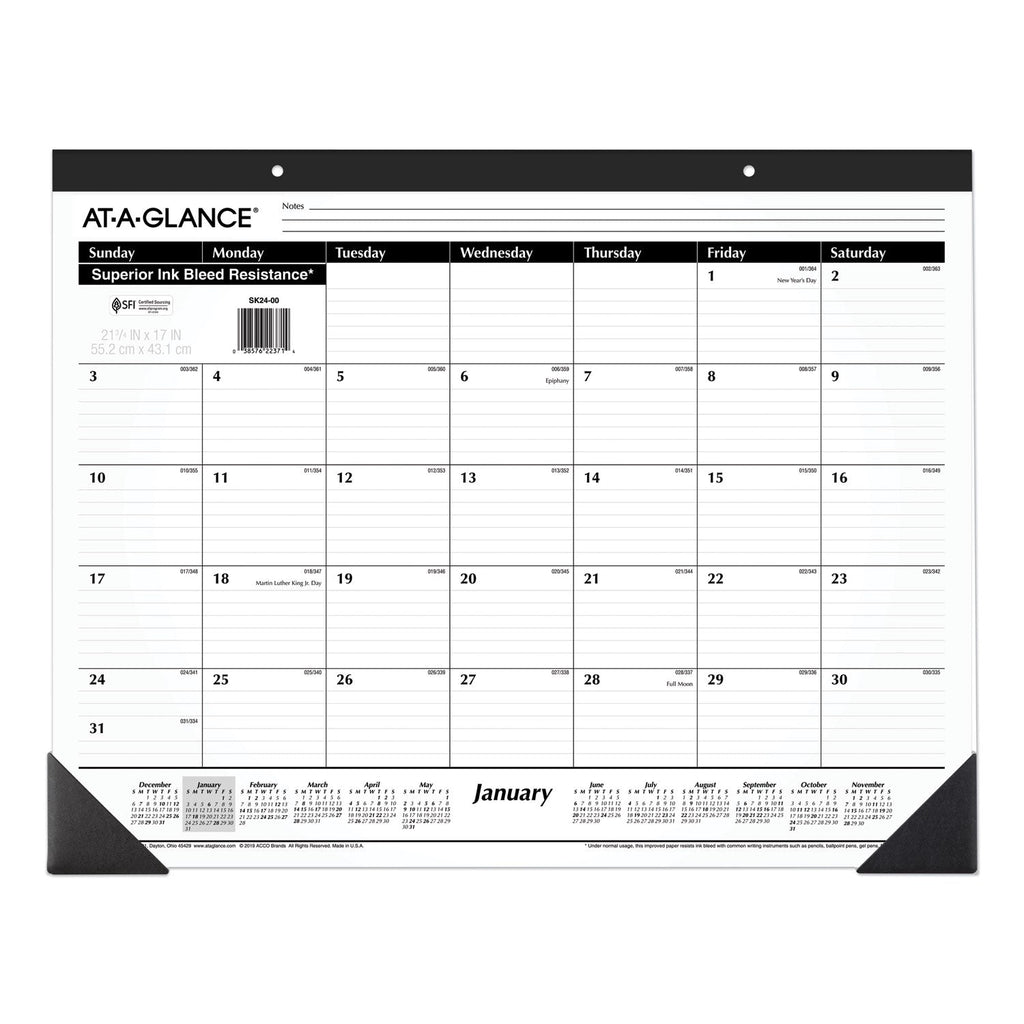 AT-A-GLANCE Ruled Desk Pad, 22 x 17, White Sheets, Black Binding, Black Corners, 12-Month (Jan to Dec): 2023