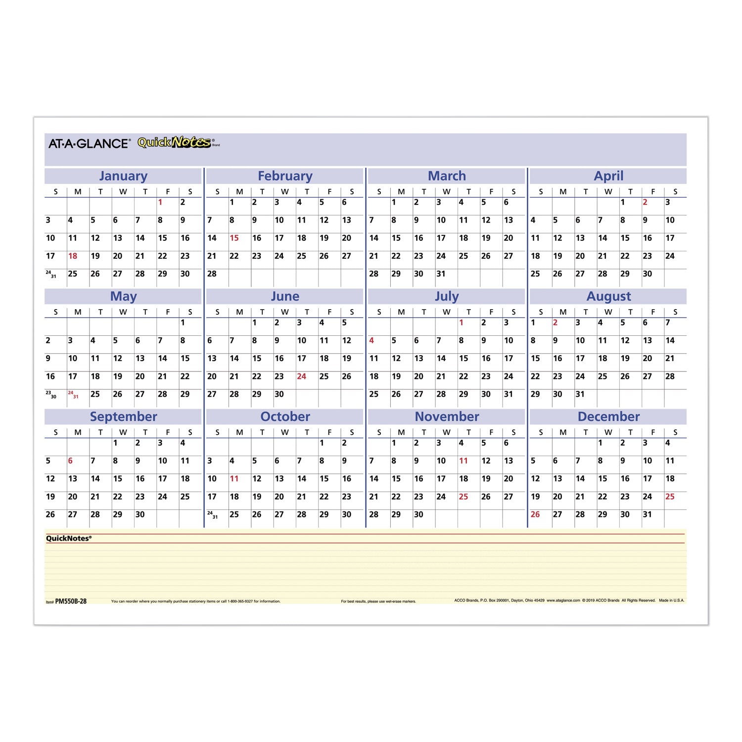AT-A-GLANCE QuickNotes Mini Erasable Wall Planner, 16 x 12, White/Blue/Yellow Sheets, 12-Month (Jan to Dec): 2023