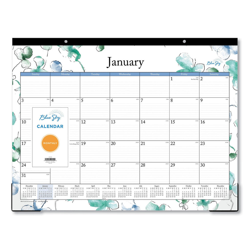 Blue Sky Lindley Desk Pad, Floral Artwork, 22 x 17, White/Blue/Green Sheets, Black Binding, Clear Corners, 12-Month (Jan-Dec): 2023