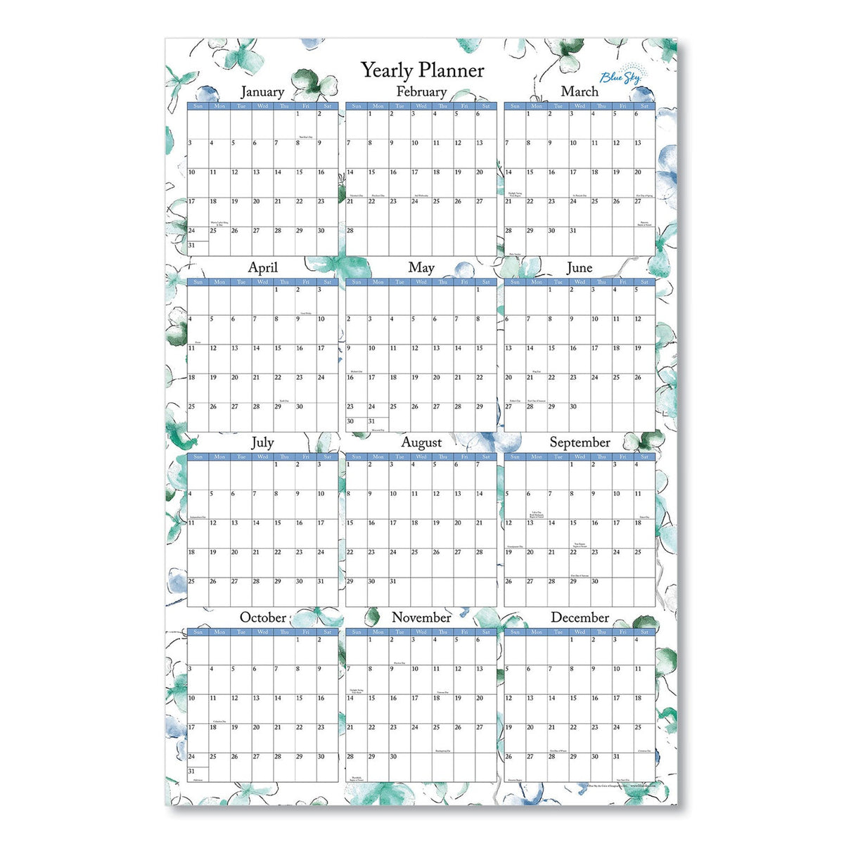 Blue Sky Lindley Laminated Erasable Wall Calendar, Lindley Floral Artwork, 36 x 24, White/Blue/Green Sheets, 12-Month (Jan-Dec): 2023