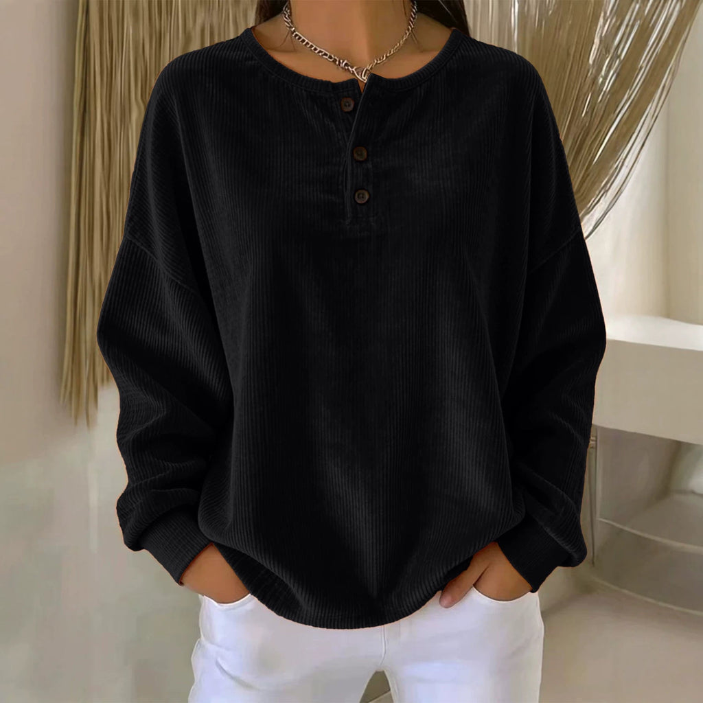 Women's Loose-fitting Round-neck Solid-color Button Sweatshirt
