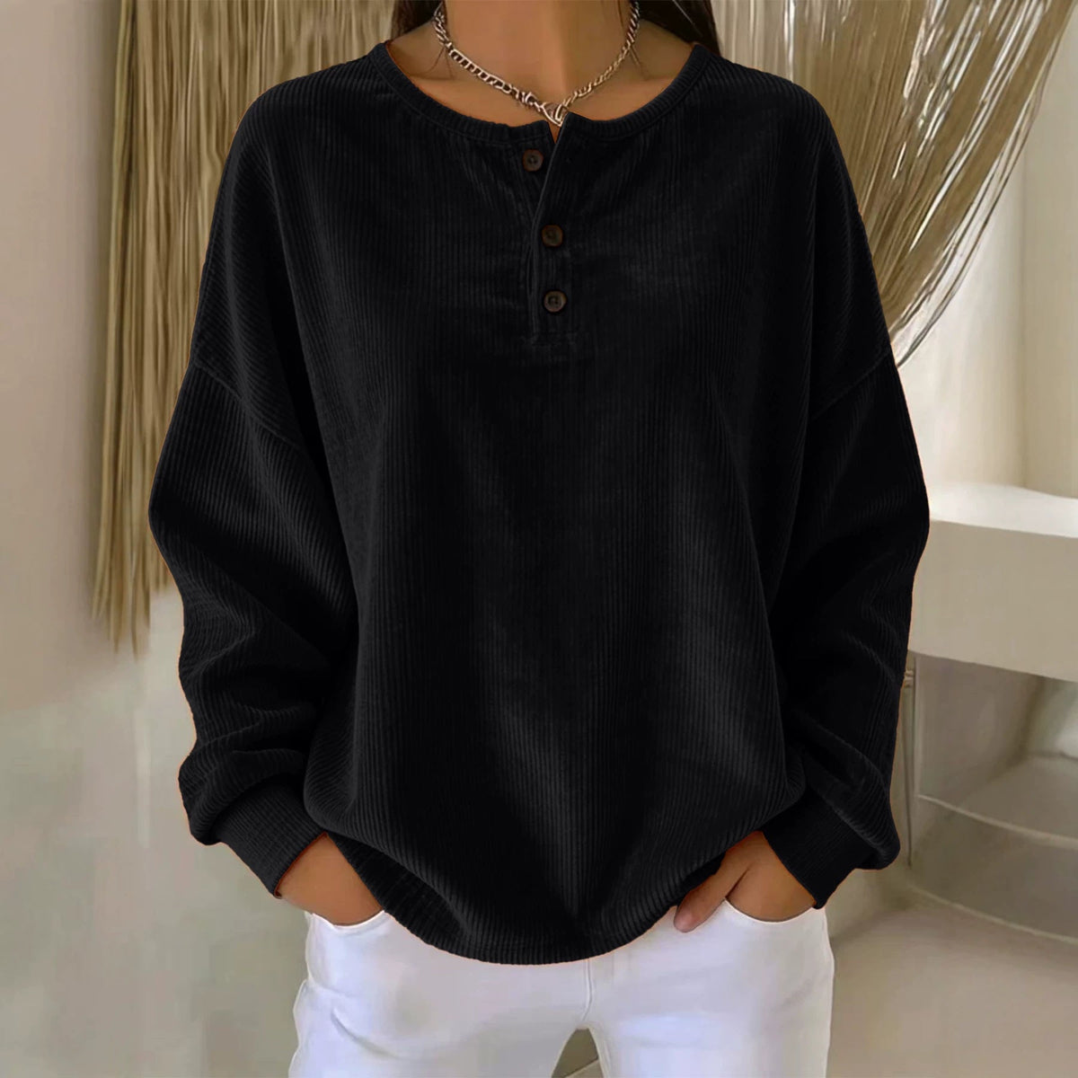 Women's Loose-fitting Round-neck Solid-color Button Sweatshirt