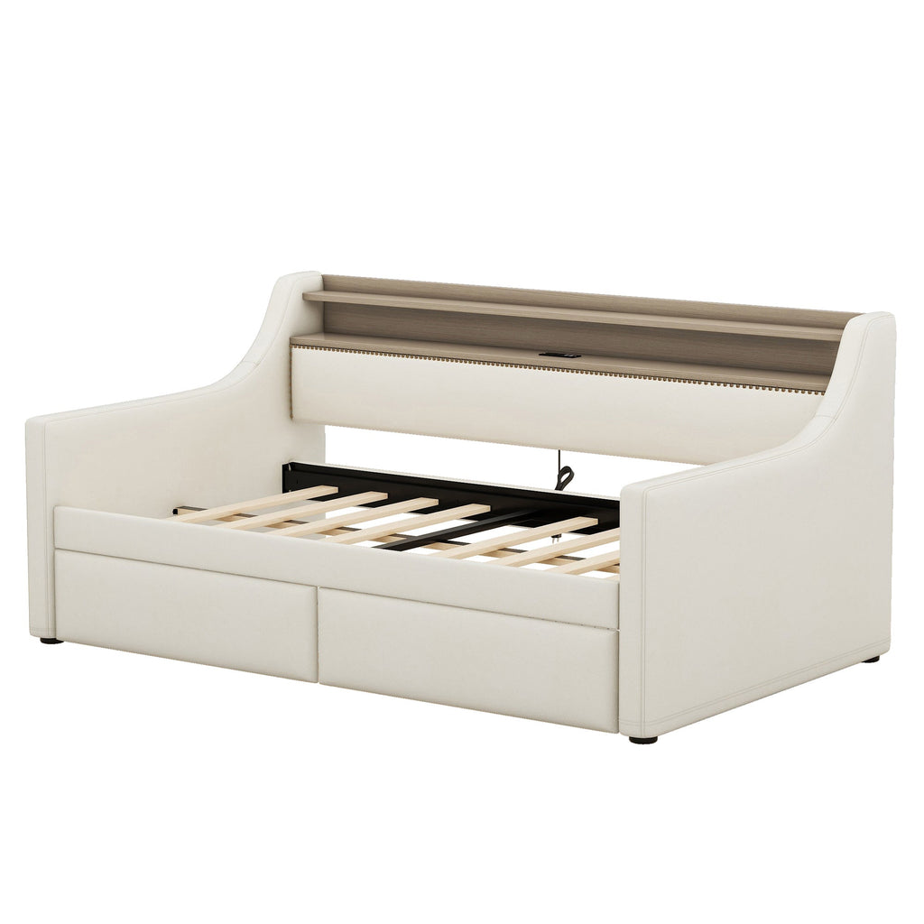 Twin Size Daybed with Storage Drawers, Upholstered Daybed with Charging Station and LED Lights, Beige