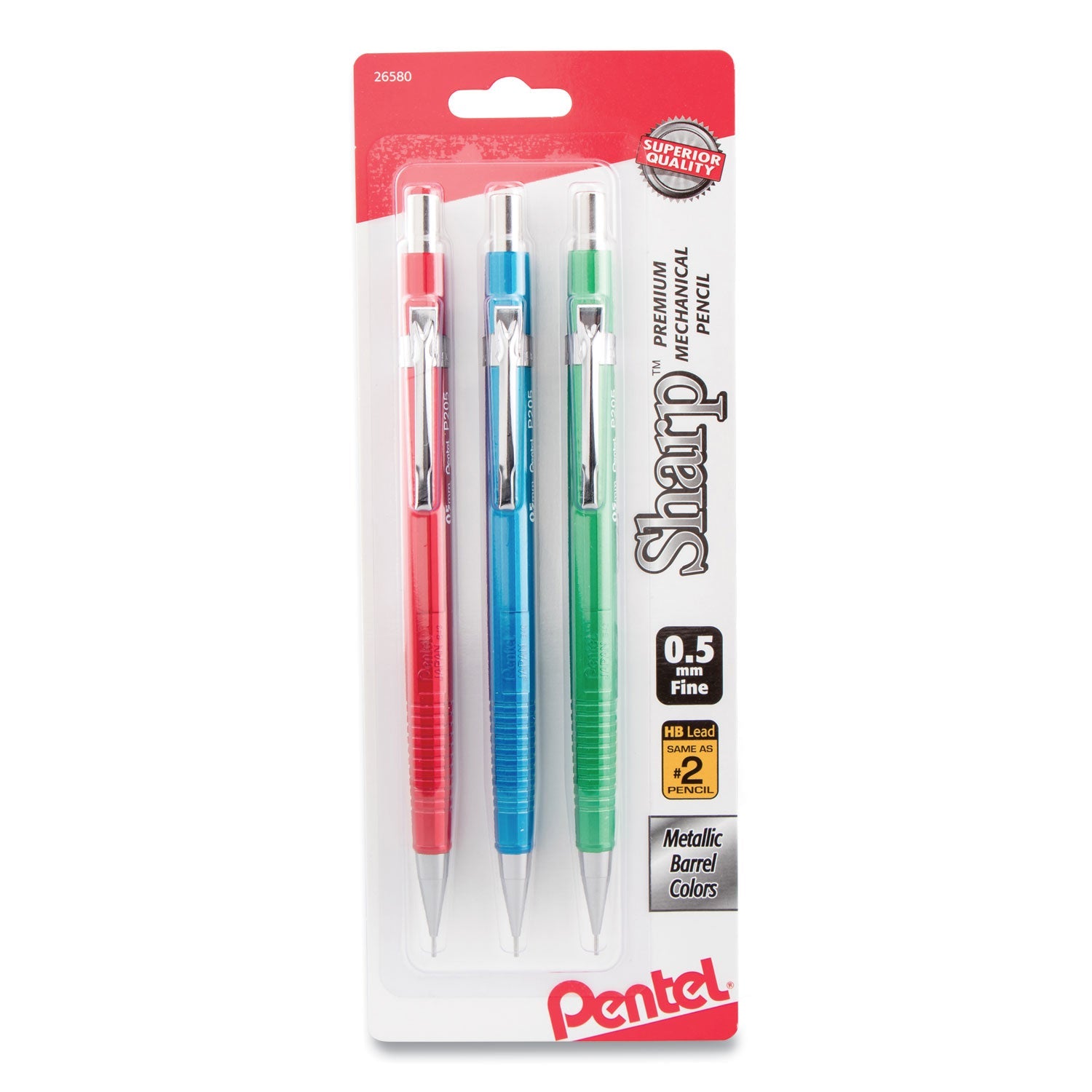 Pentel Sharp Mechanical Pencil, 0.5 mm, HB (#2.5), Black Lead, Assorted Barrel Colors, 3/Pack