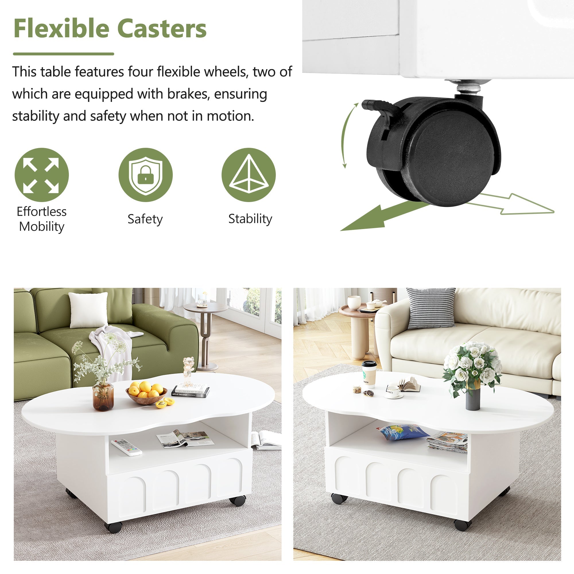 ON-TRANS flexible cream style coffee table with 2 brake wheels, drawers, large storage space, white, 39.37 '' x 23.6 ''