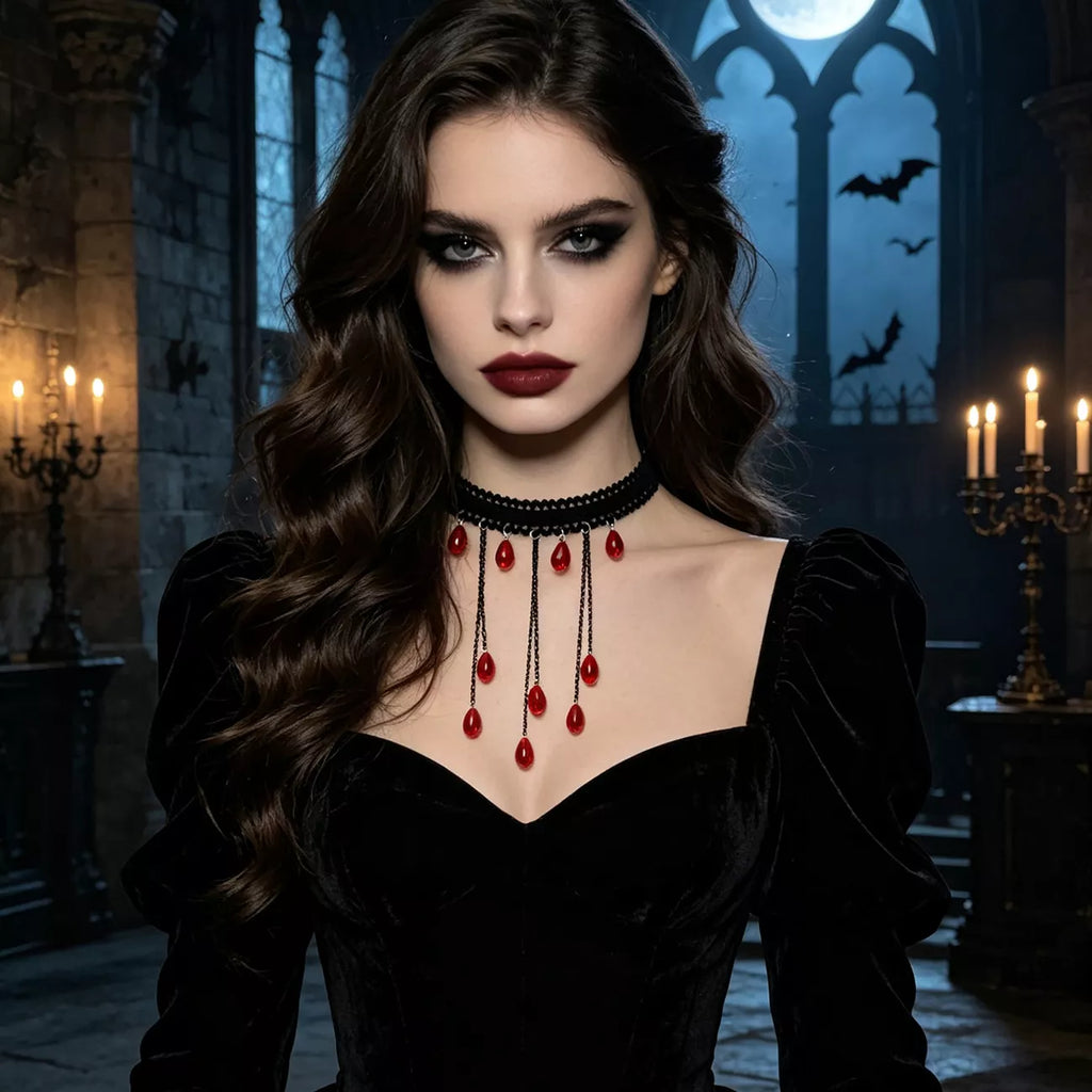 Gothic Lace Choker Necklace with Teardrop Dangle Charms