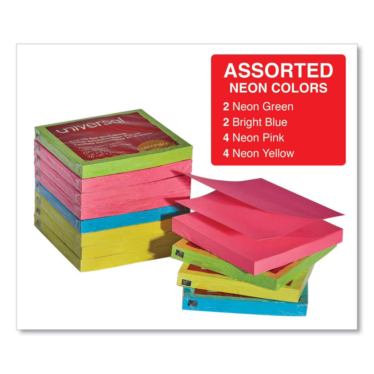 Universal Fan-Folded Self-Stick Pop-Up Note Pads, 3" x 3", Assorted Neon Colors, 100 Sheets/Pad, 12 Pads/Pack