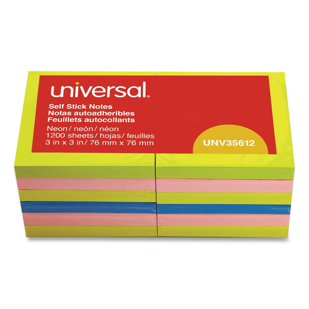 Universal Fan-Folded Self-Stick Pop-Up Note Pads, 3" x 3", Assorted Neon Colors, 100 Sheets/Pad, 12 Pads/Pack