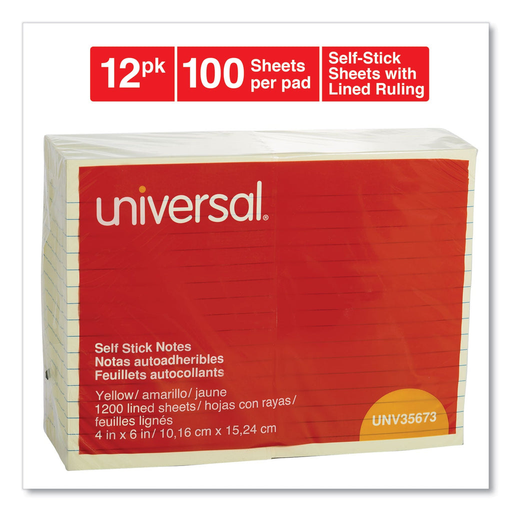 Universal Self-Stick Note Pads, Note Ruled, 4" x 6", Yellow, 100 Sheets/Pad, 12 Pads/Pack