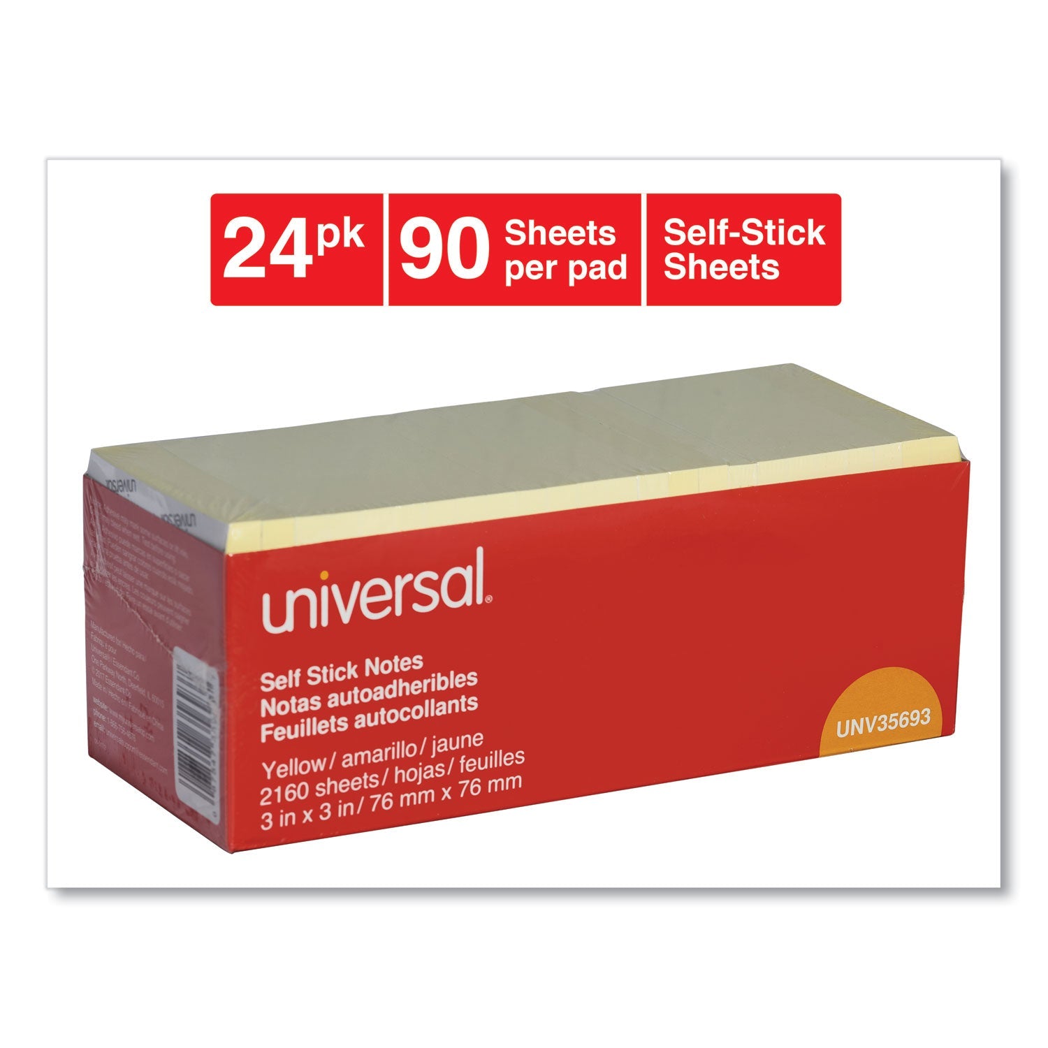 Universal Self-Stick Note Pad Cabinet Pack, 3" x 3", Yellow, 90 Sheets/Pad, 24 Pads/Pack