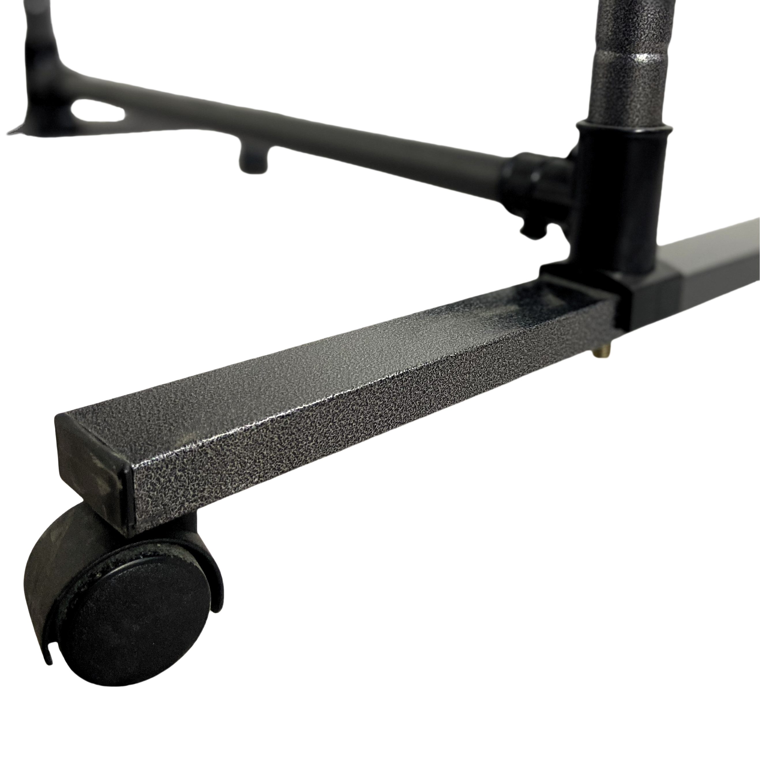 Short clothes hanger with chassis and wheels, heavy-duty rolling clothes hanger, black