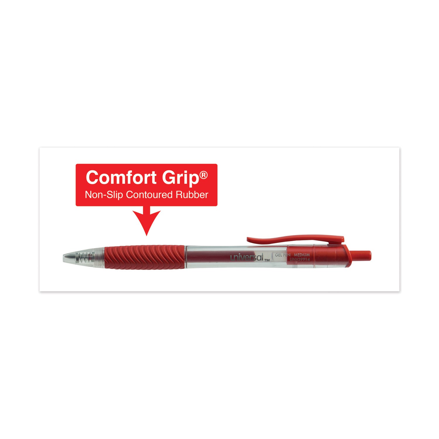 Universal Comfort Grip Gel Pen, Retractable, Medium 0.7 mm, Red Ink, Translucent Red Barrel, Dozen