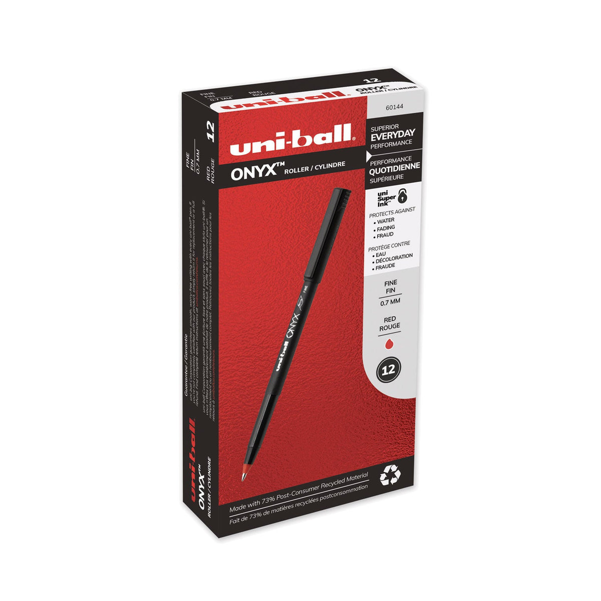 uniball ONYX Roller Ball Pen, Stick, Fine 0.7 mm, Red Ink, Black Matte Barrel, Dozen