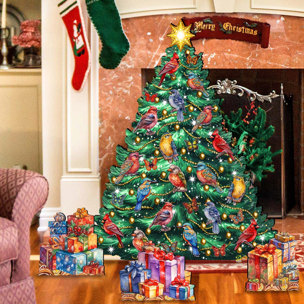 Christmas Birds-Themed Christmas Tree Set Outdoor Indoor Decor Wooden Christmas Decoration by G. Debrekht Christmas Decor - 8191511F-G