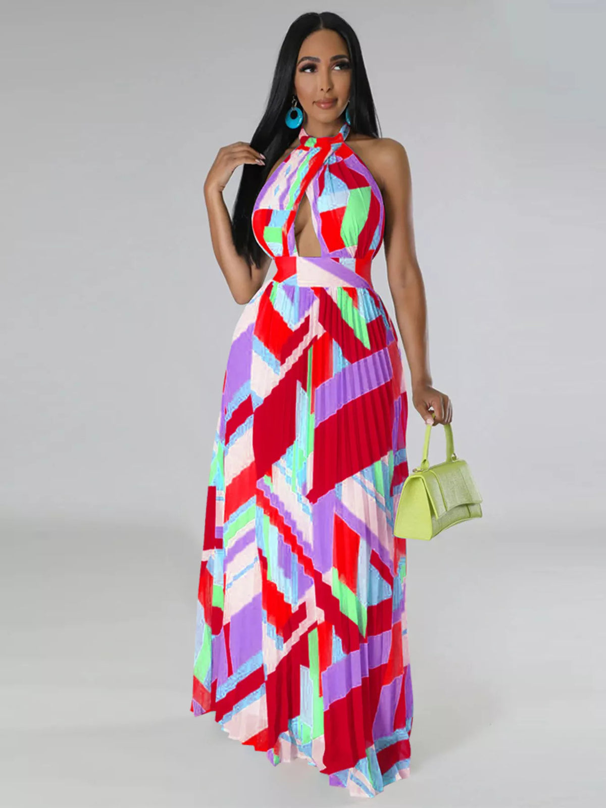 Halter Neck Geometric Print Pleated Maxi Dress