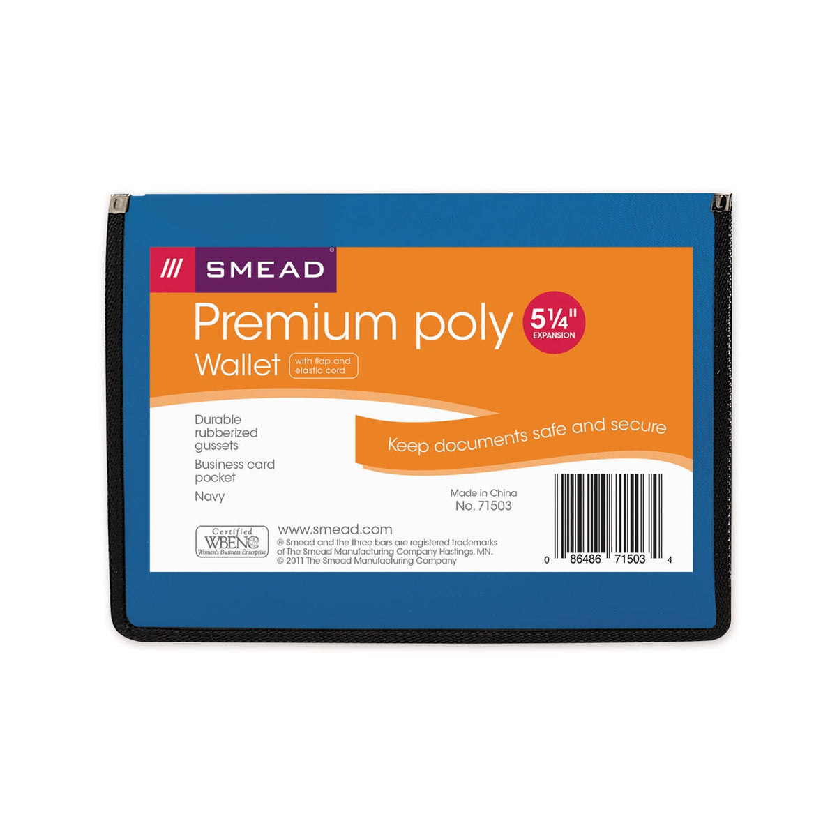 Smead Poly Premium Wallets, 5.25" Expansion, 1 Section, Elastic Cord Closure, Letter Size, Navy Blue