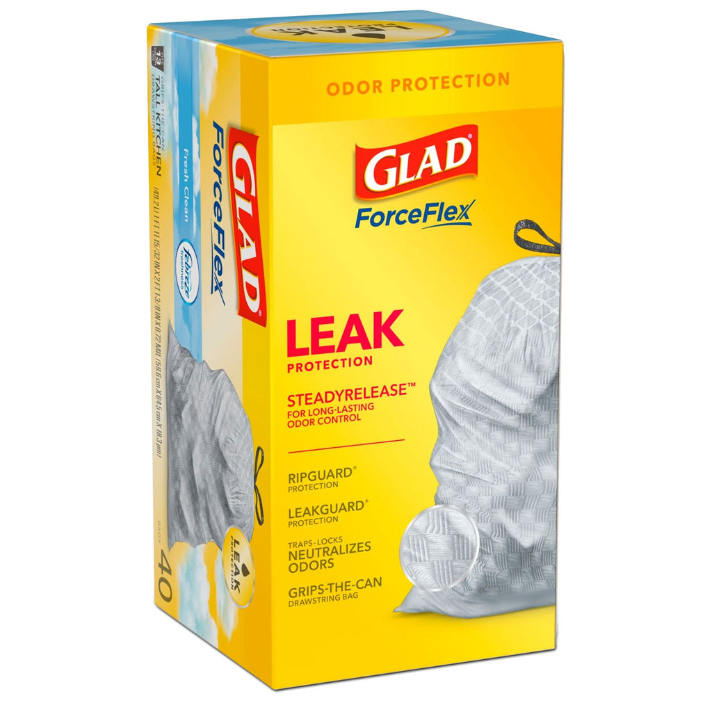 Glad OdorShield Tall Kitchen Drawstring Bags, 13 gal, 0.78 mil, 24" x 27.38", White, 240/Carton