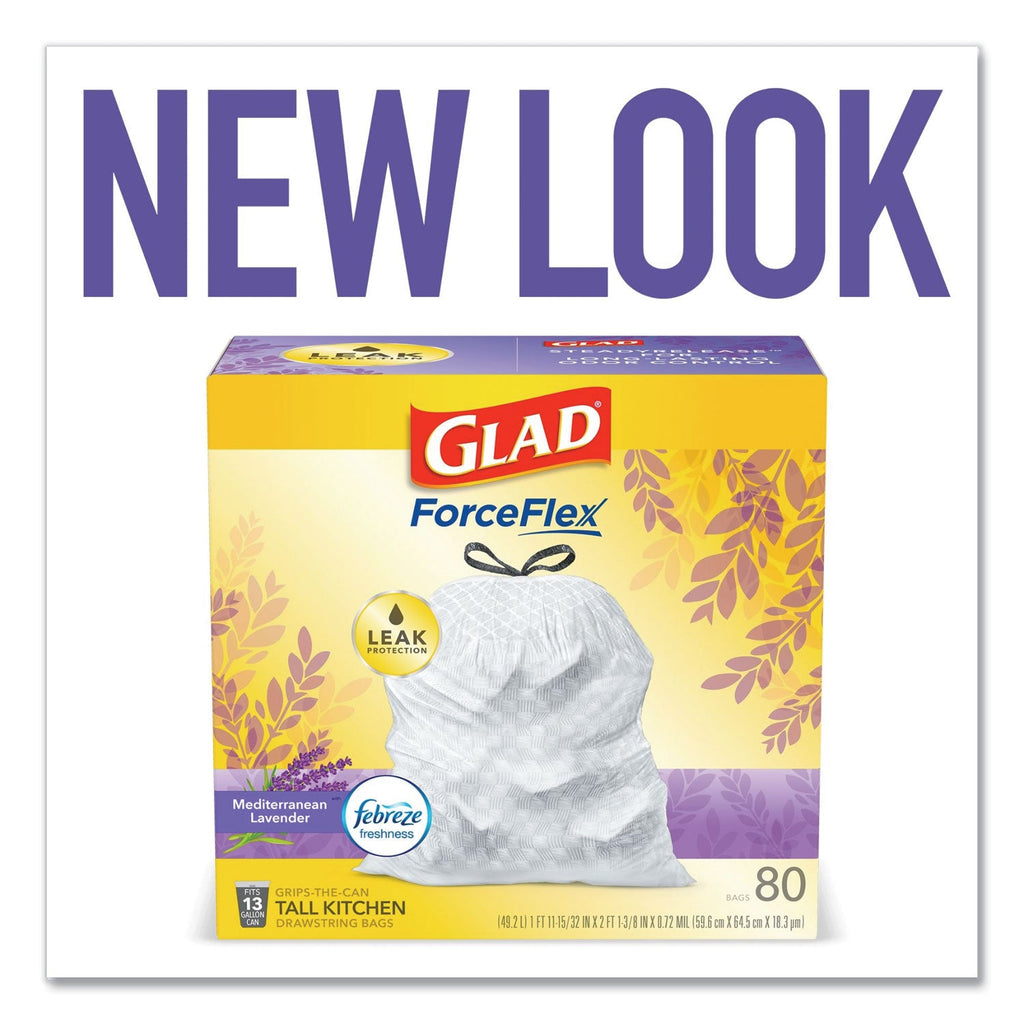 Glad OdorShield Tall Kitchen Drawstring Bags, 13 gal, 0.95 mil, 24" x 27.38", White, 80/Box