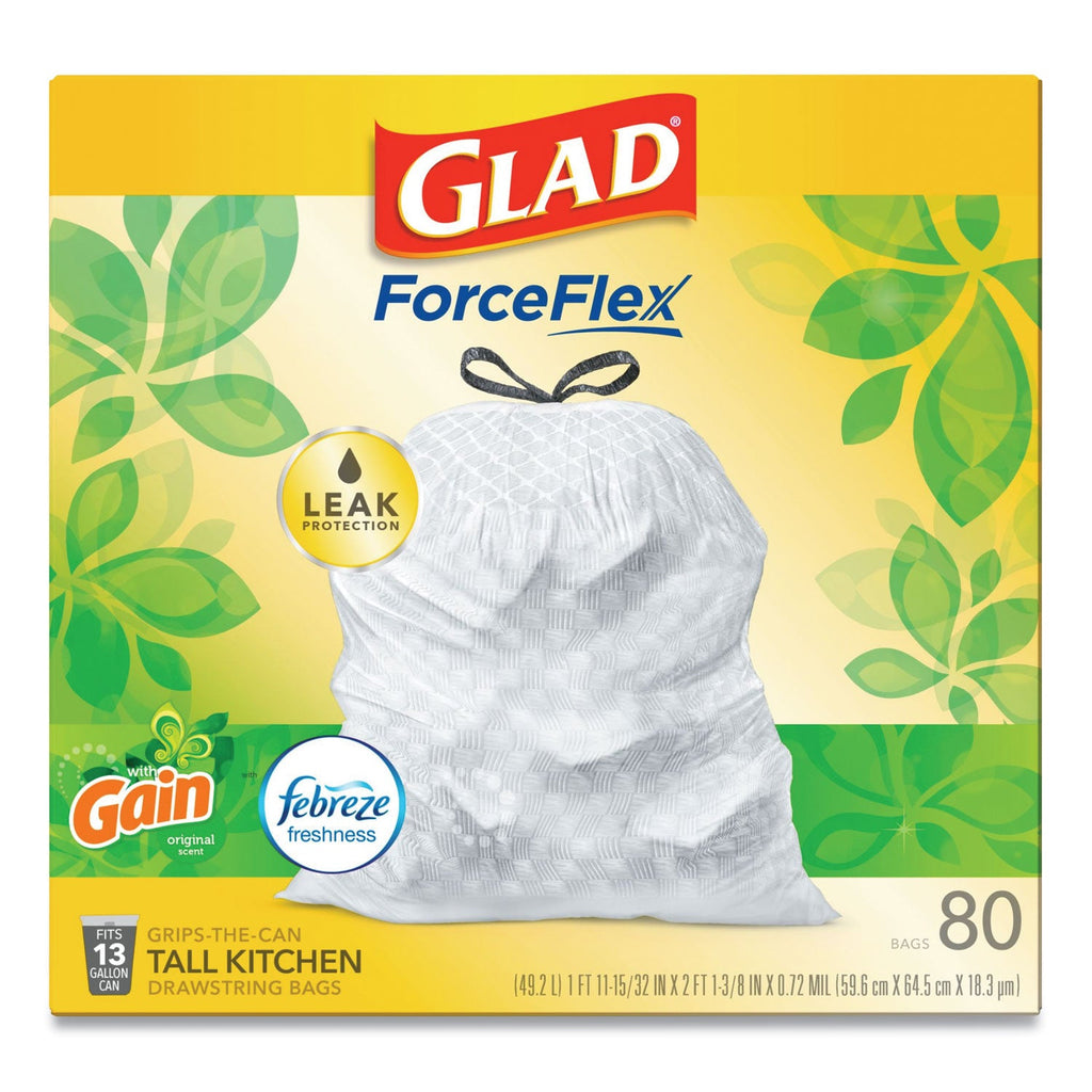 Glad OdorShield Tall Kitchen Drawstring Bags, 13 gal, 0.95 mil, 24" x 27.38", White, 240/Carton