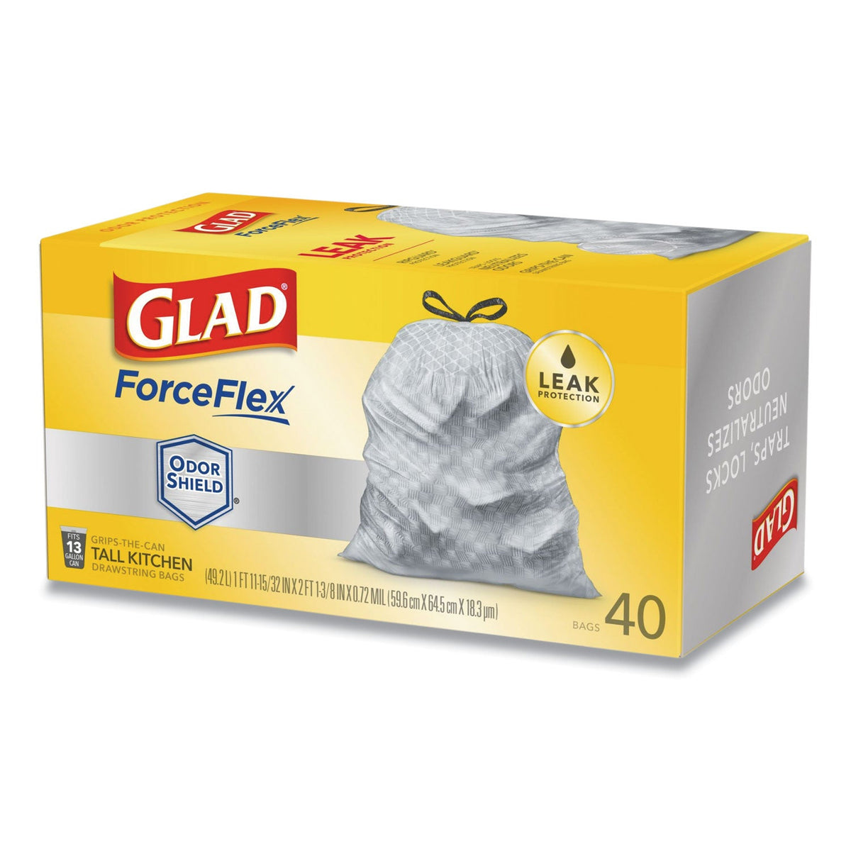 Glad Tall Kitchen Drawstring Trash Bags, 13 gal, 0.72 mil, 23.75" x 24.88", White, 240/Carton