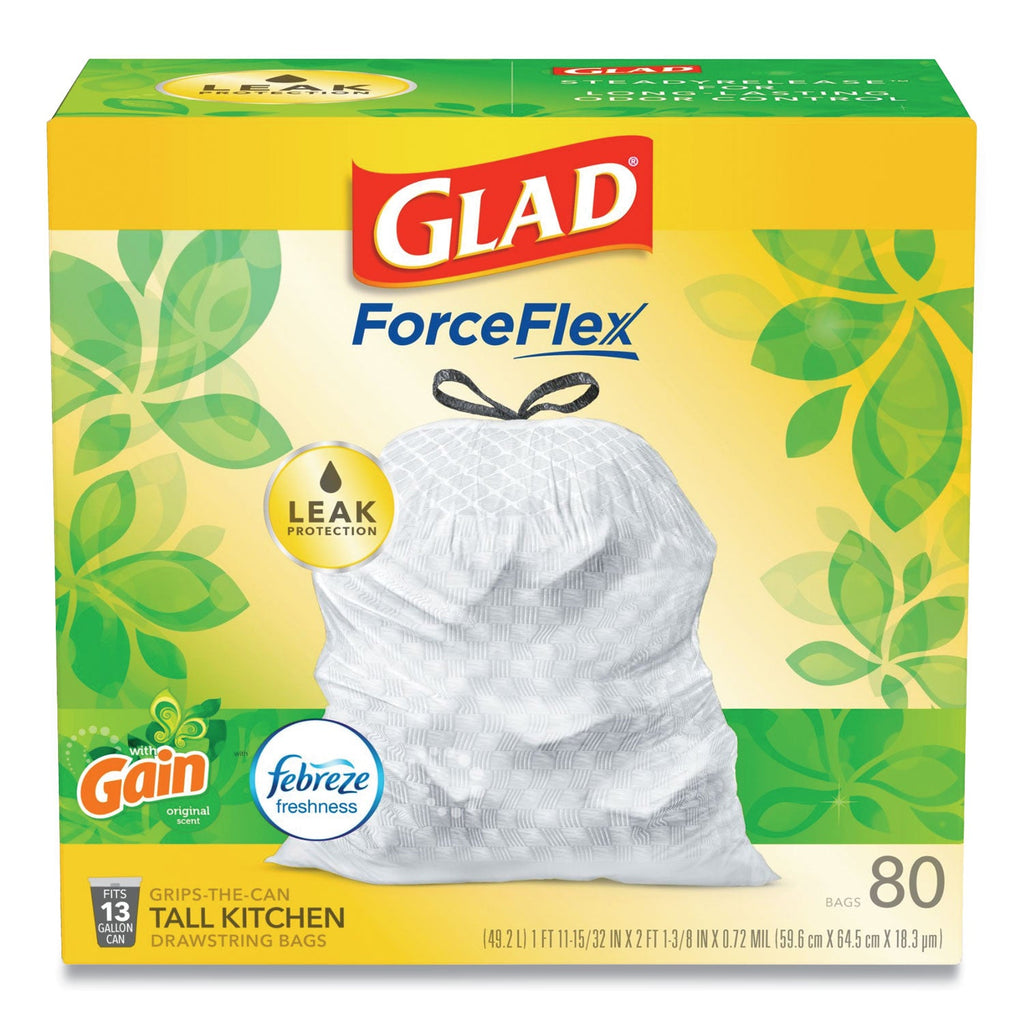 Glad OdorShield Tall Kitchen Drawstring Bags, 13 gal, 0.95 mil, 24" x 27.38", White, 240/Carton