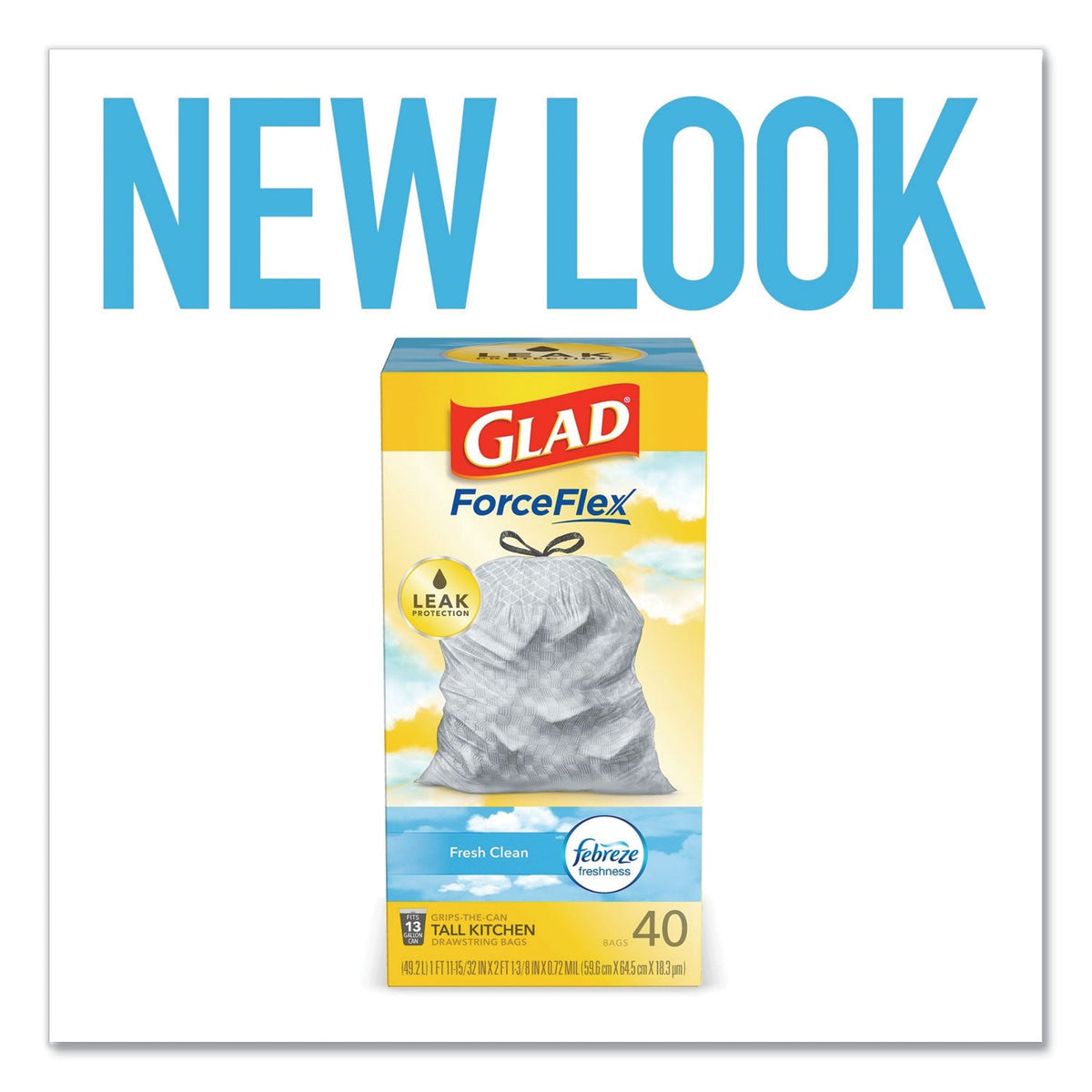 Glad OdorShield Tall Kitchen Drawstring Bags, 13 gal, 0.78 mil, 24" x 27.38", White, 240/Carton