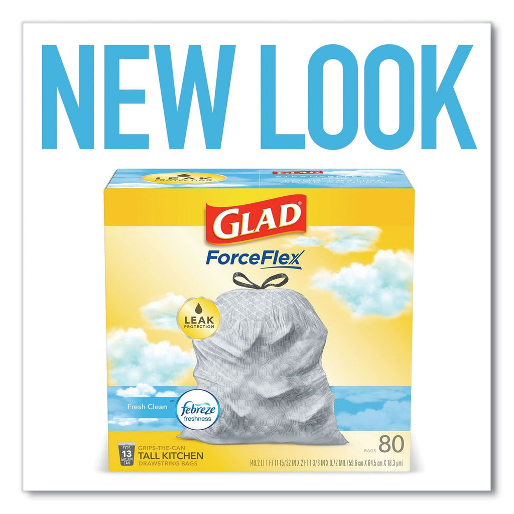 Glad OdorShield Tall Kitchen Drawstring Bags, 13 gal, 0.72 mil, 24" x 27.38", White, 80/Box