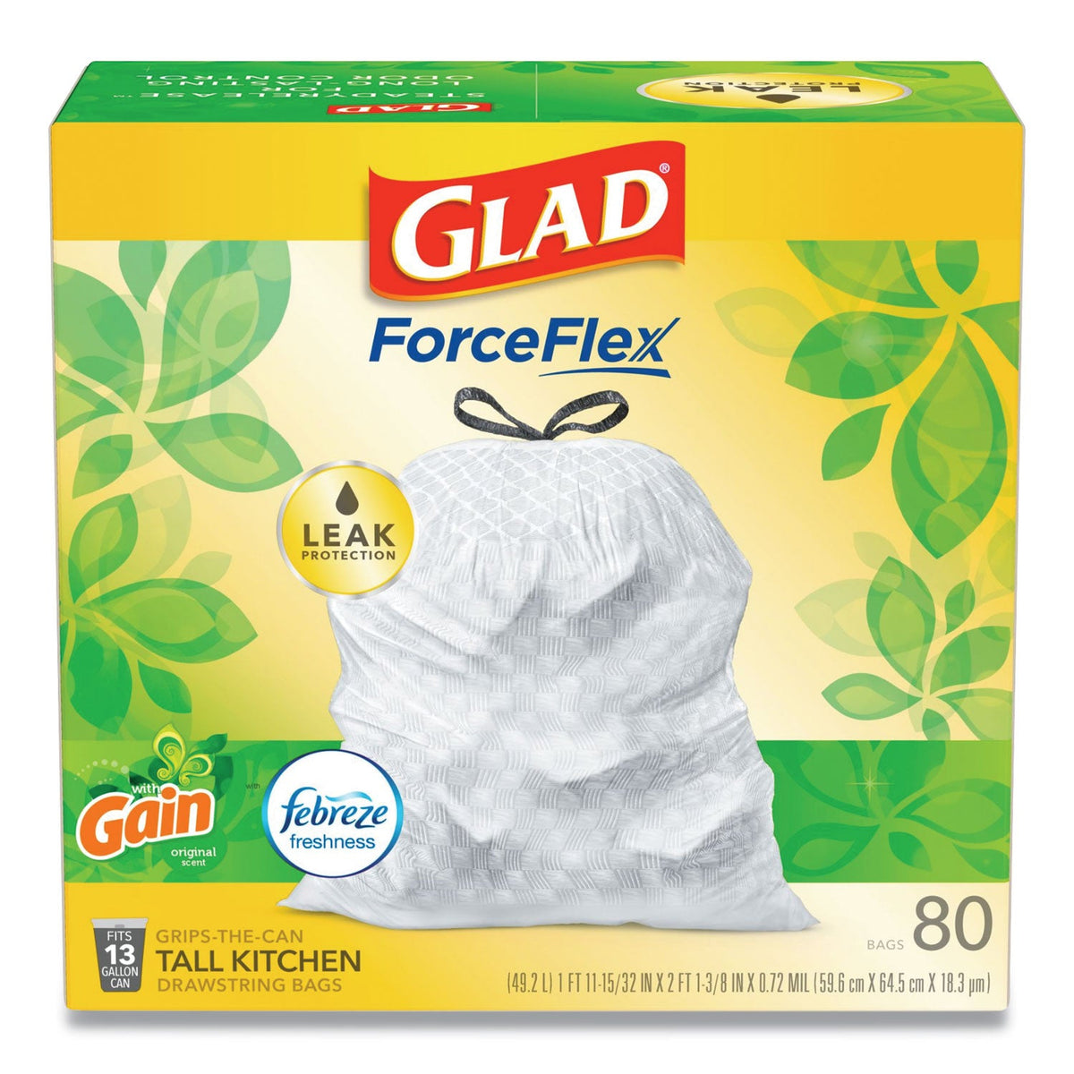 Glad OdorShield Tall Kitchen Drawstring Bags, 13 gal, 0.95 mil, 24" x 27.38", White, 240/Carton