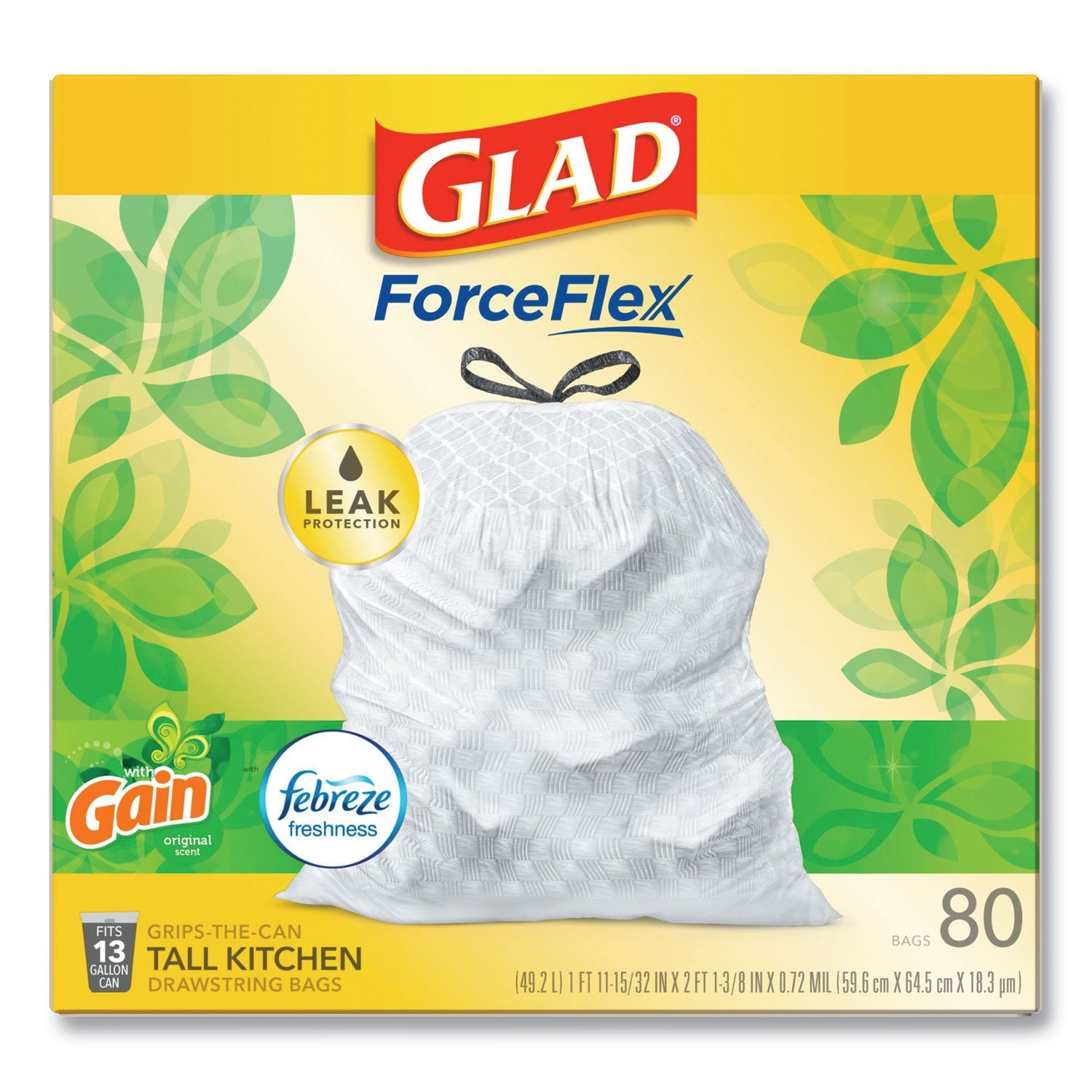 Glad OdorShield Tall Kitchen Drawstring Bags, 13 gal, 0.95 mil, 24" x 27.38", White, 240/Carton