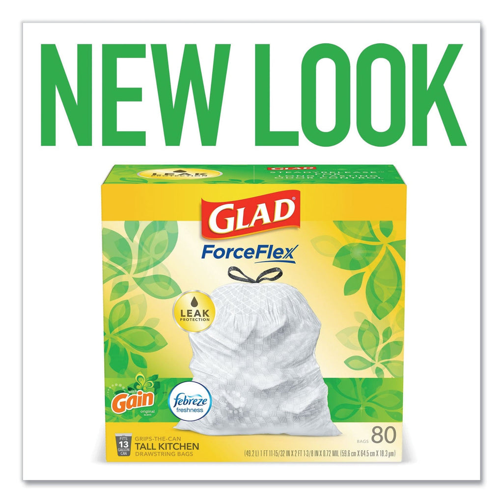 Glad OdorShield Tall Kitchen Drawstring Bags, 13 gal, 0.95 mil, 24" x 27.38", White, 240/Carton