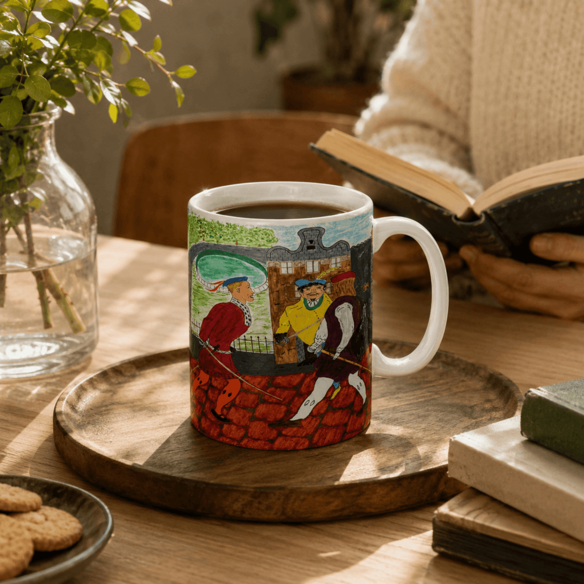 PimsArt Medieval Street Scene Dueling Swordsmen Mug From Original Painting
