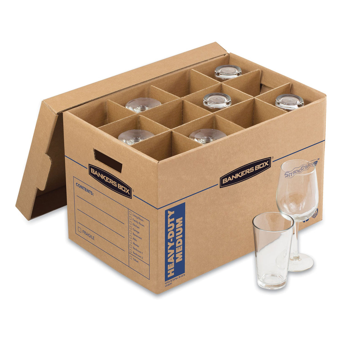 Bankers Box SmoothMove Kitchen Moving Kit with Dividers + Foam, Half Slotted Container (HSC), Medium, 12.25" x 18.5" x 12", Brown/Blue