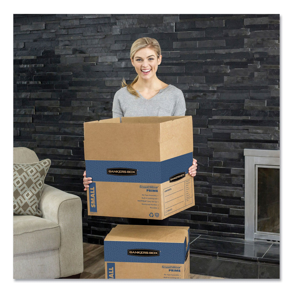 Bankers Box SmoothMove Prime Moving/Storage Boxes, Hinged Lid, Regular Slotted Container, Small, 12" x 16" x 12", Brown/Blue, 10/Carton
