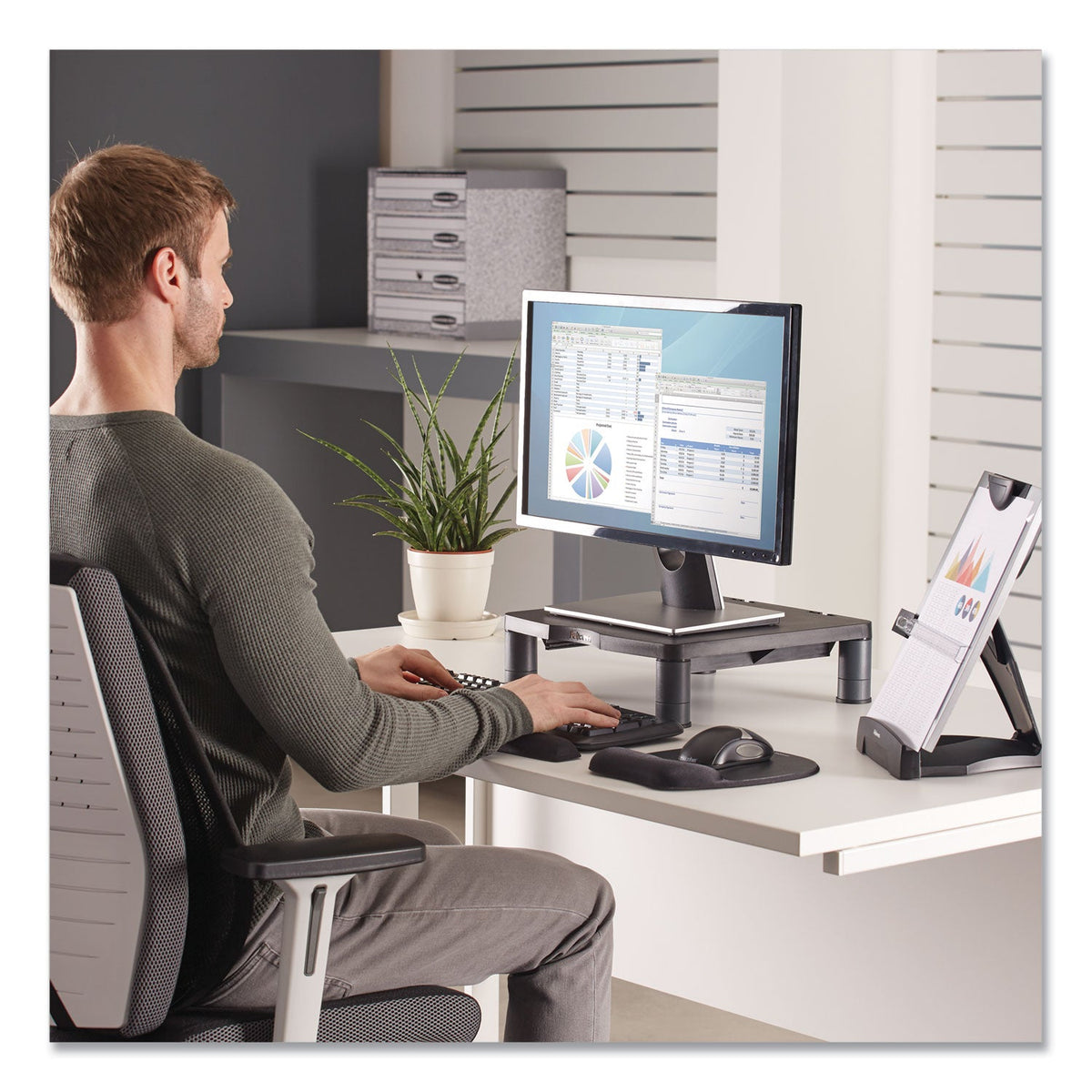 Fellowes Standard Monitor Riser, 13.38" x 13.63" x 2" to 4", Graphite, Supports 60 lbs