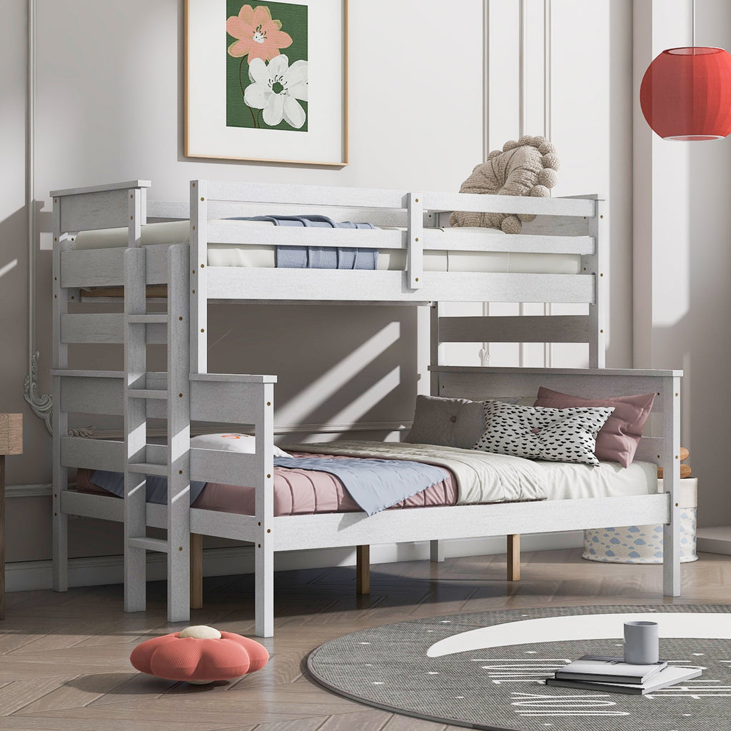 Wood Twin over Full Bunk Bed with Ladder White