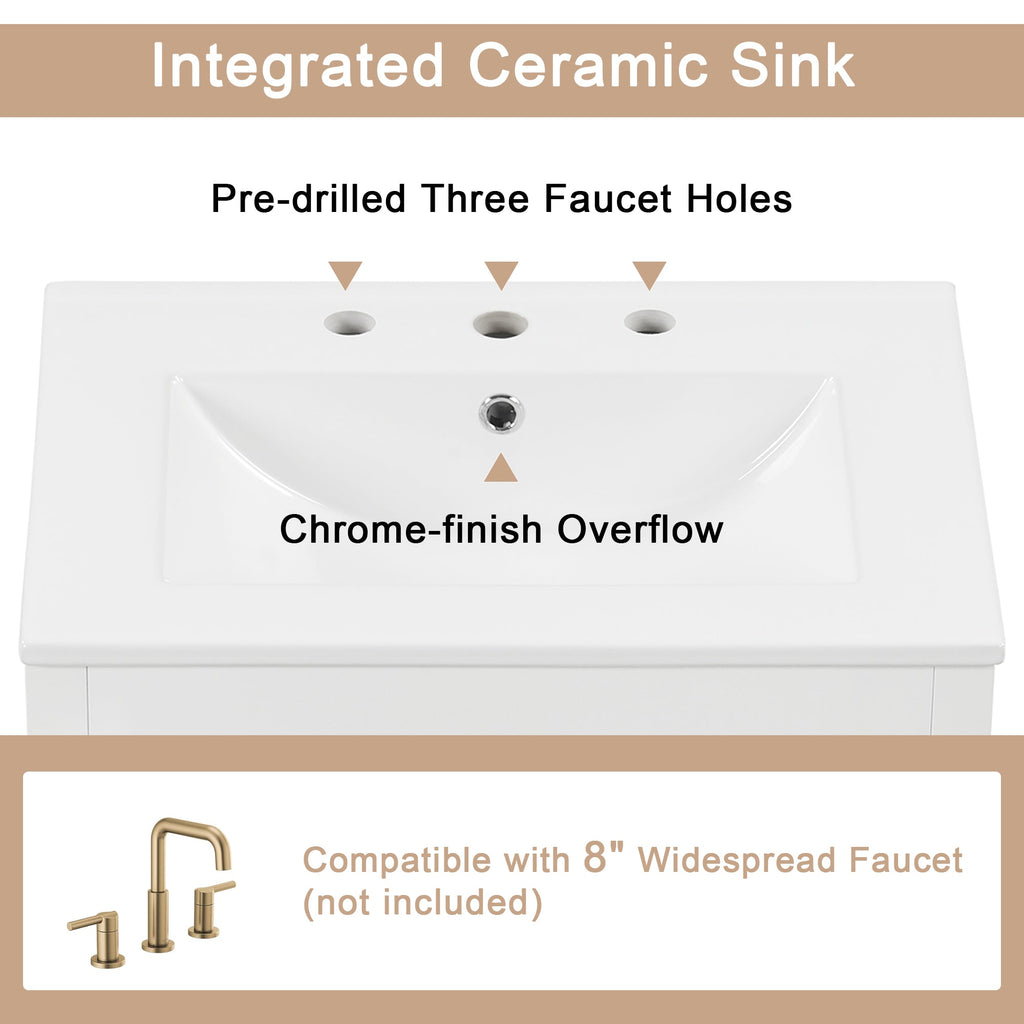 24" Bathroom Vanity with Sink, Bathroom Vanity Cabinet with One Drawer and Doors, Adjustable Shelf, Solid Wood and MDF, White