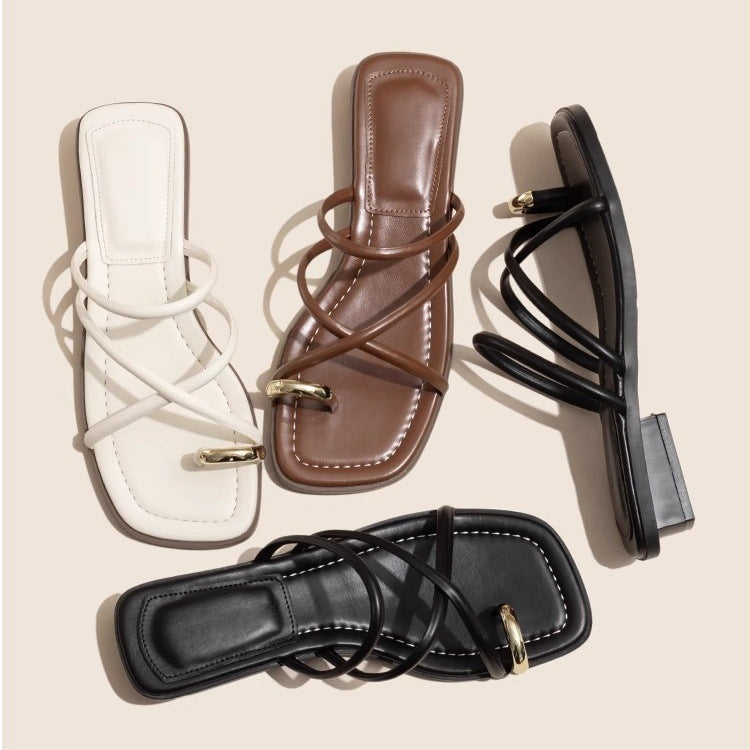 Summer New Versatile Fairy Style Toe Covering Casual Slippers