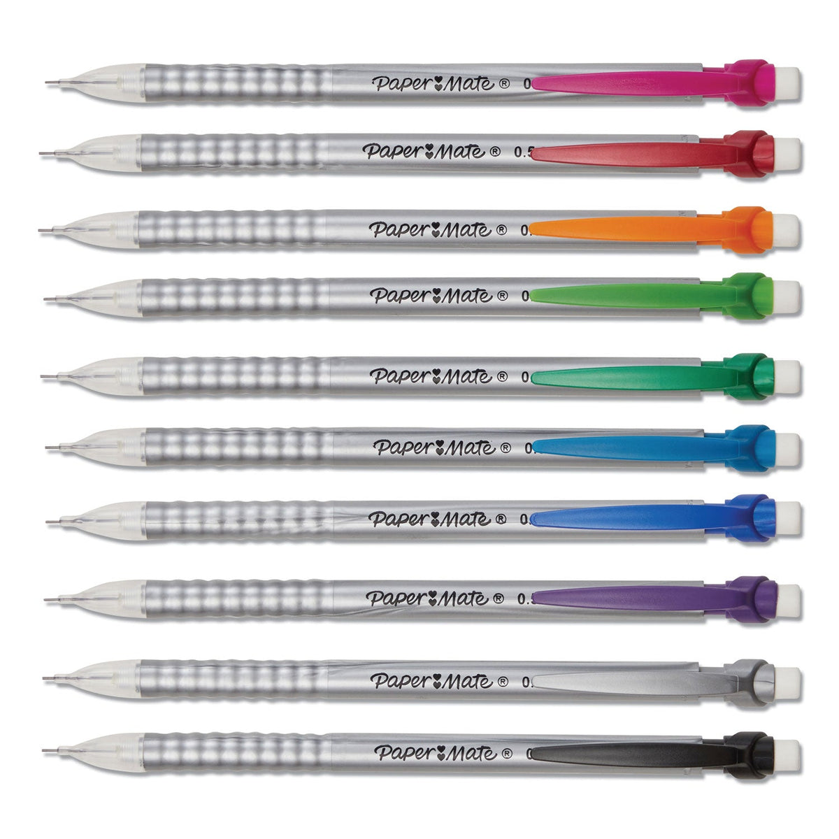 Paper Mate Write Bros Mechanical Pencil, 0.5 mm, HB (#2), Black Lead, Silver Barrel with Assorted Clip Colors, 24/Pack